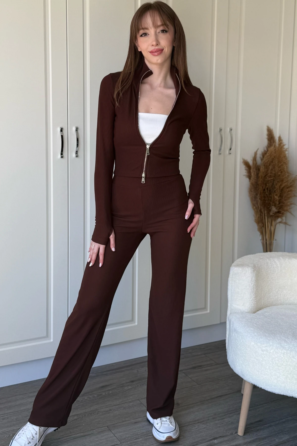 Fermuarlı Dik Yaka Ribana Kumaş Hırka Pantolon Takım