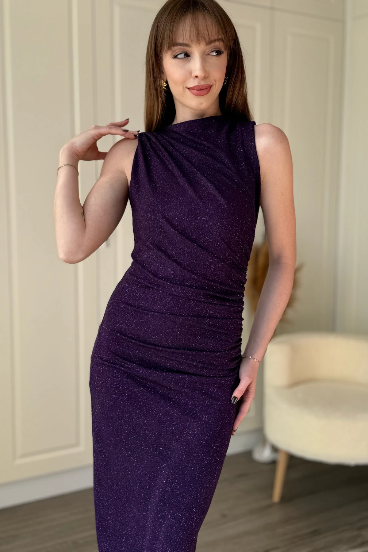 Simli Drapeli Kolsuz Şık ve Zarif Midi Elbise