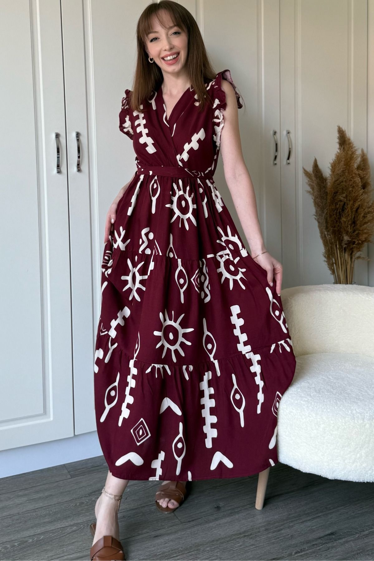 Kruvaze Bordo Desenli Midi Elbise