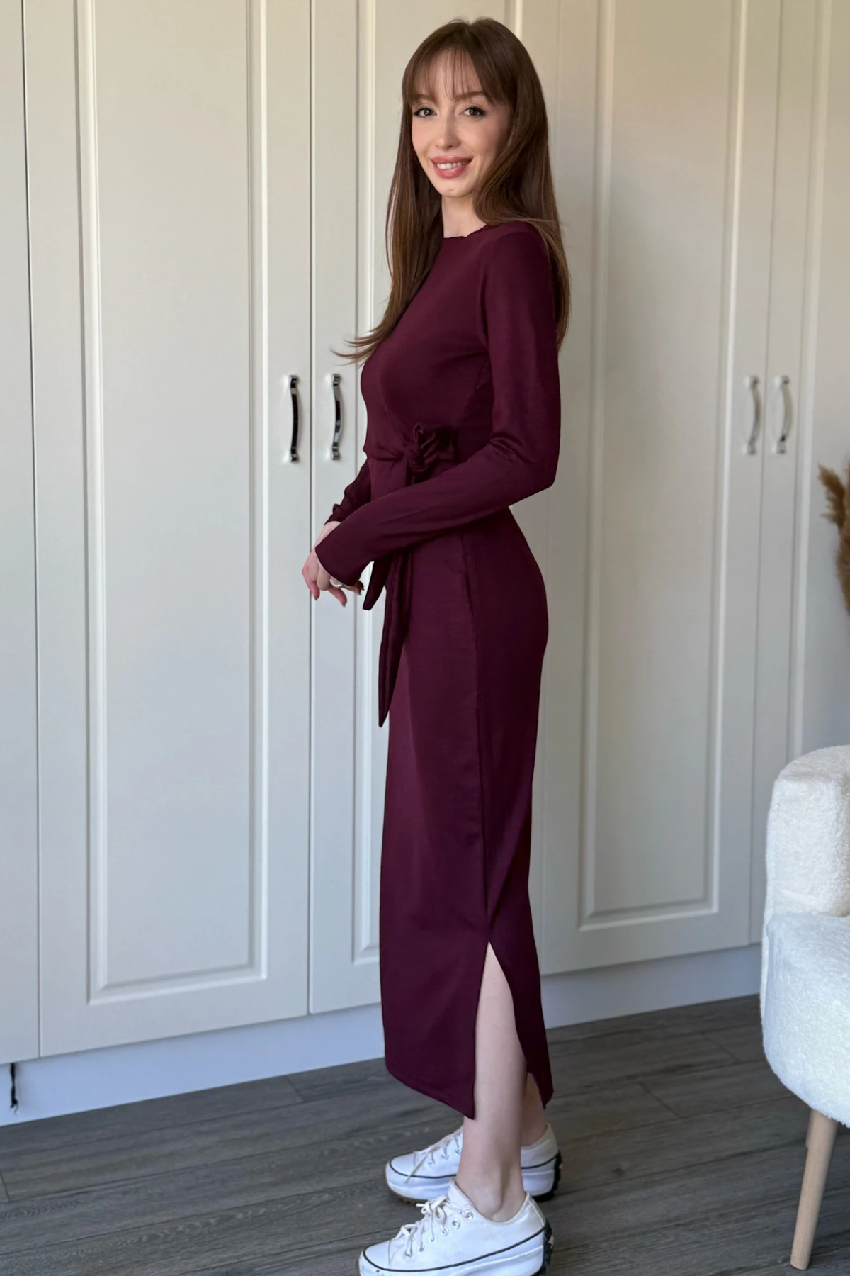 Bağlamalı Modal Uzun Kollu Midi Bordo Elbise