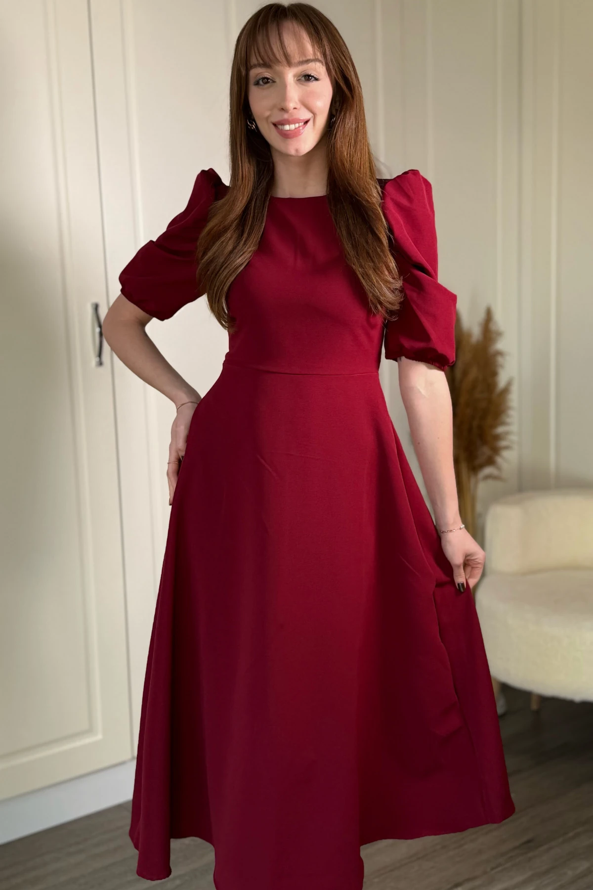 Balon Kol Midi Bordo Elbise