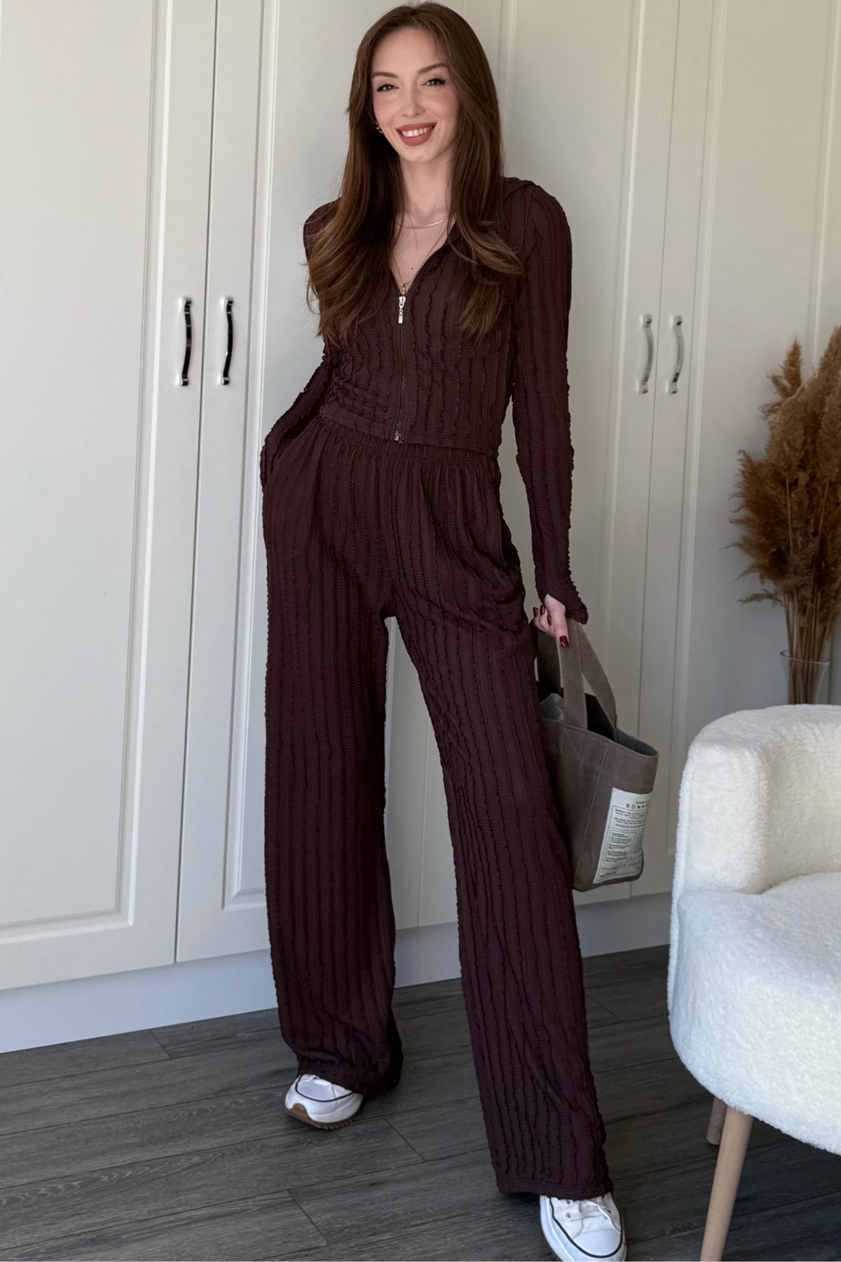 Fırfırlı Kapüşonlu Fermuarlı Crop Hırka Takım