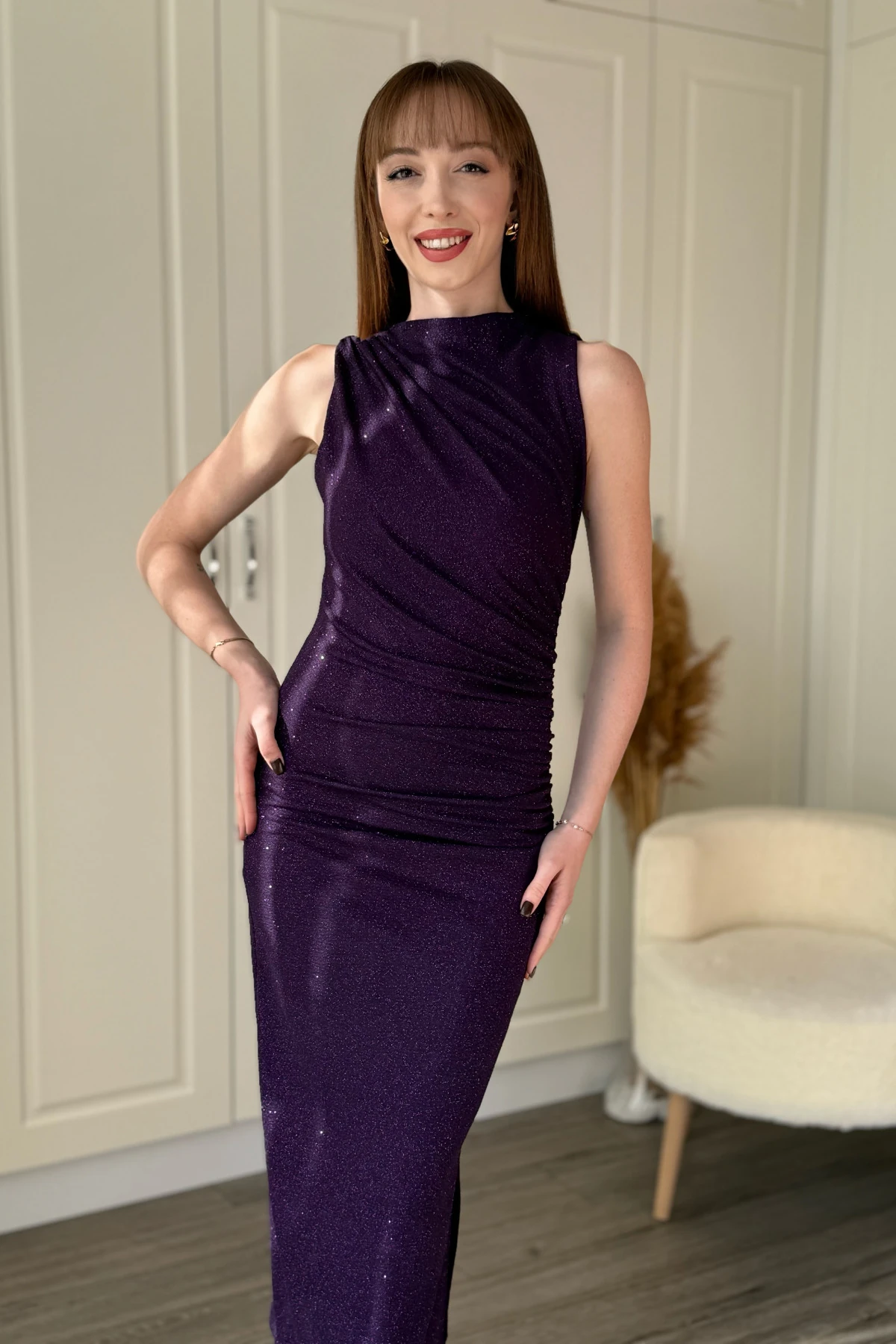 Simli Drapeli Kolsuz Şık ve Zarif Midi Elbise