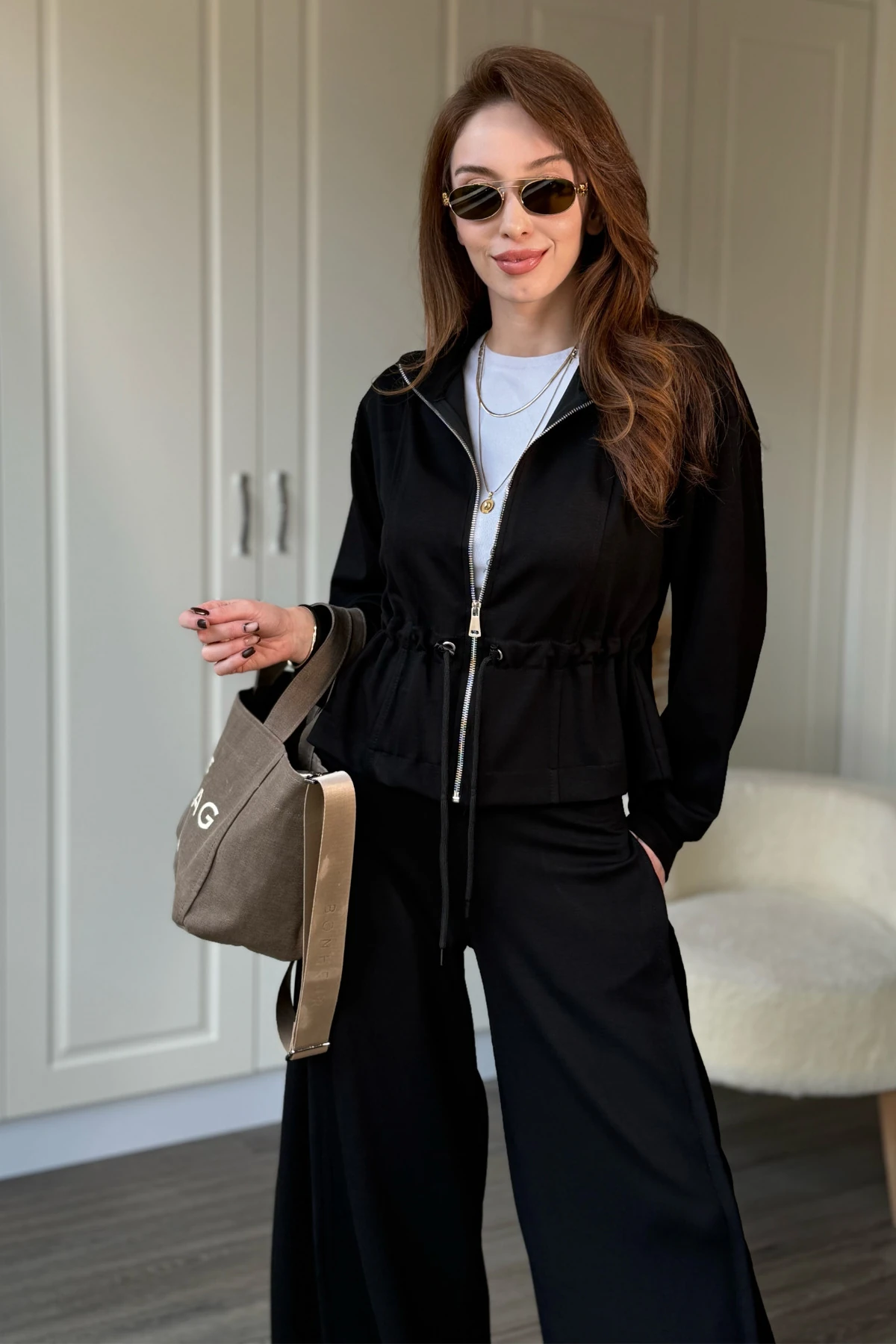 Modal Kumaş Bol Paça Bel Büzgü Detaylı Hırka Pantolon Takım