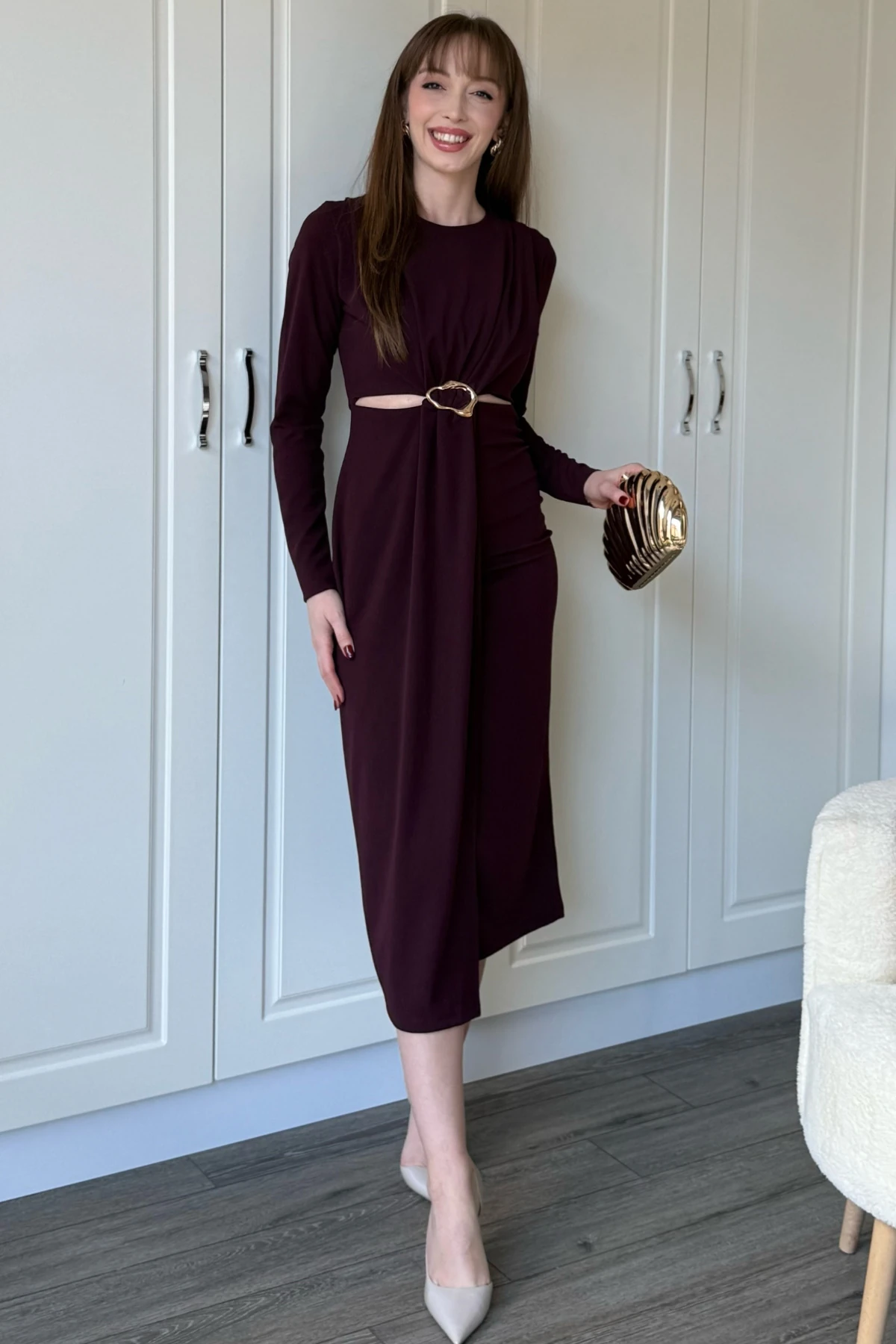 Bel Detaylı Uzun Kollu Midi Bordo Elbise