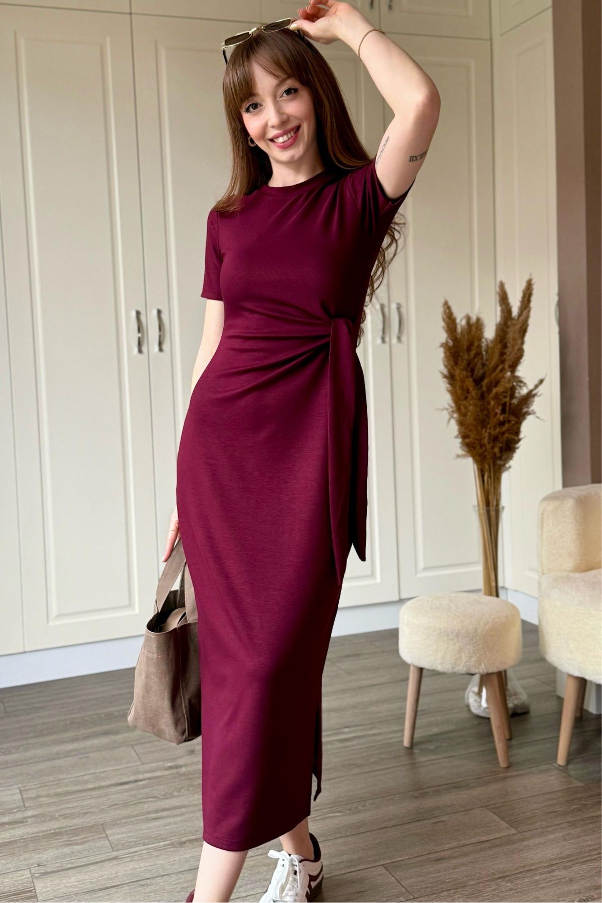 Bağlamalı Bordo Midi Modal Elbise