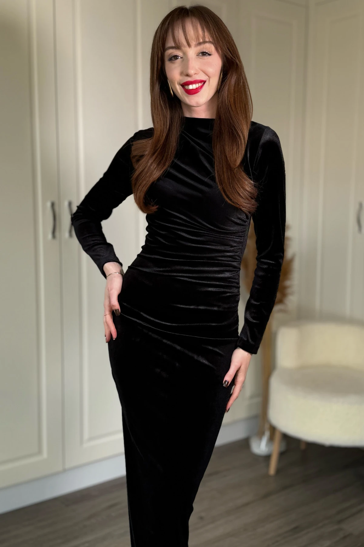 Kadife Drapeli Zarif Midi Elbise