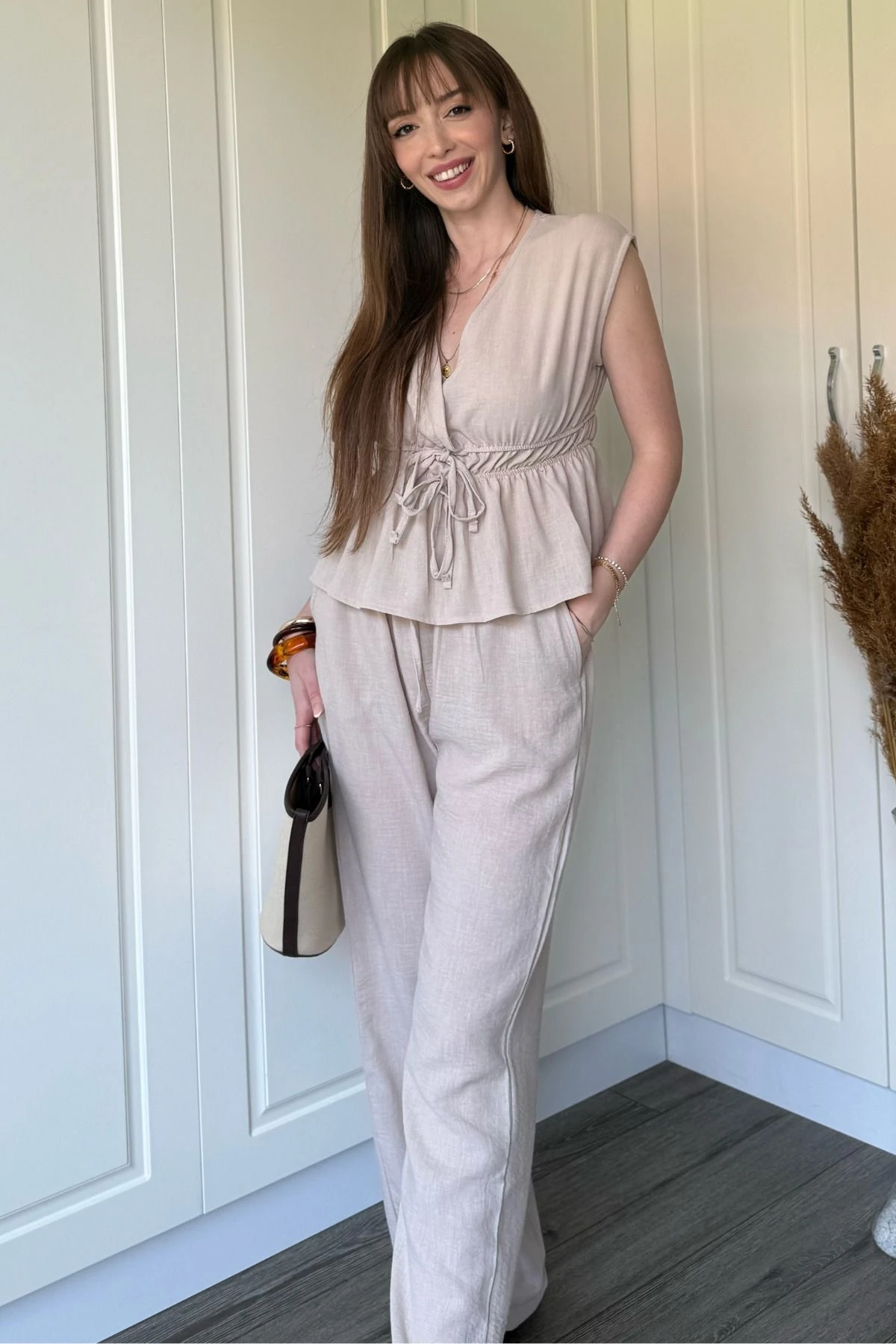 Bağlama Detaylı Keten Takım