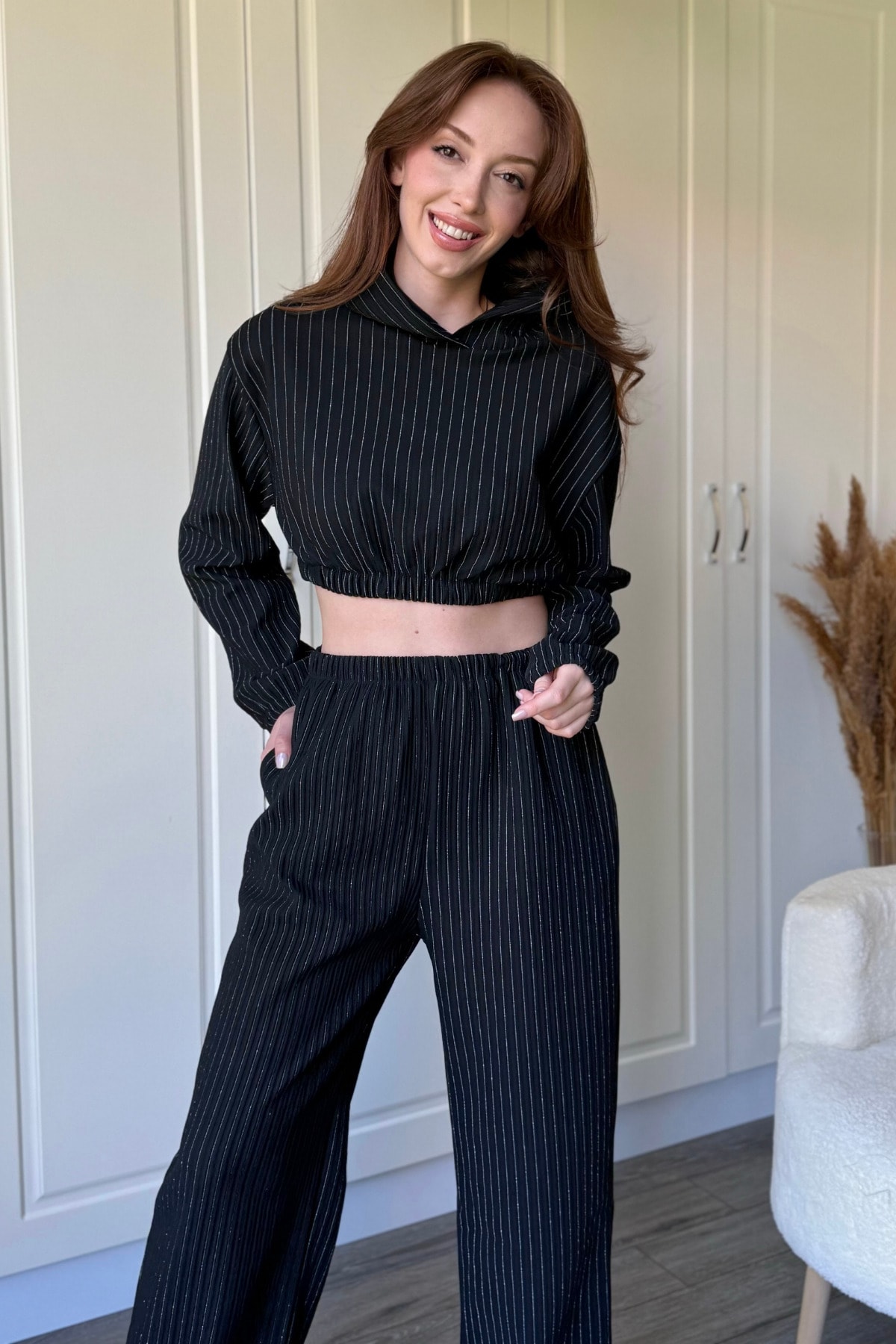 Çizgili Simli Sweatshirt Siyah Takım