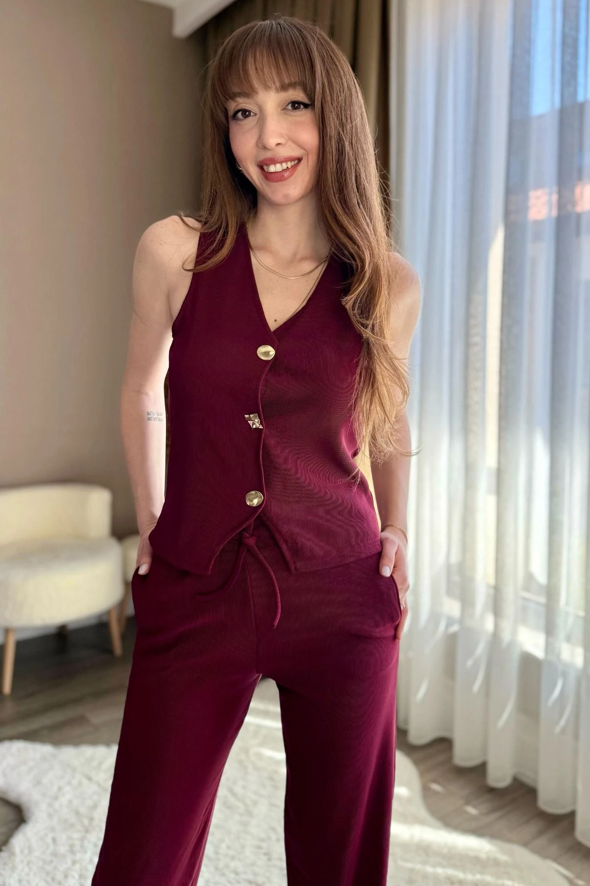 Ottoman Kumaş Gold Düğmeli Bluz Yelek