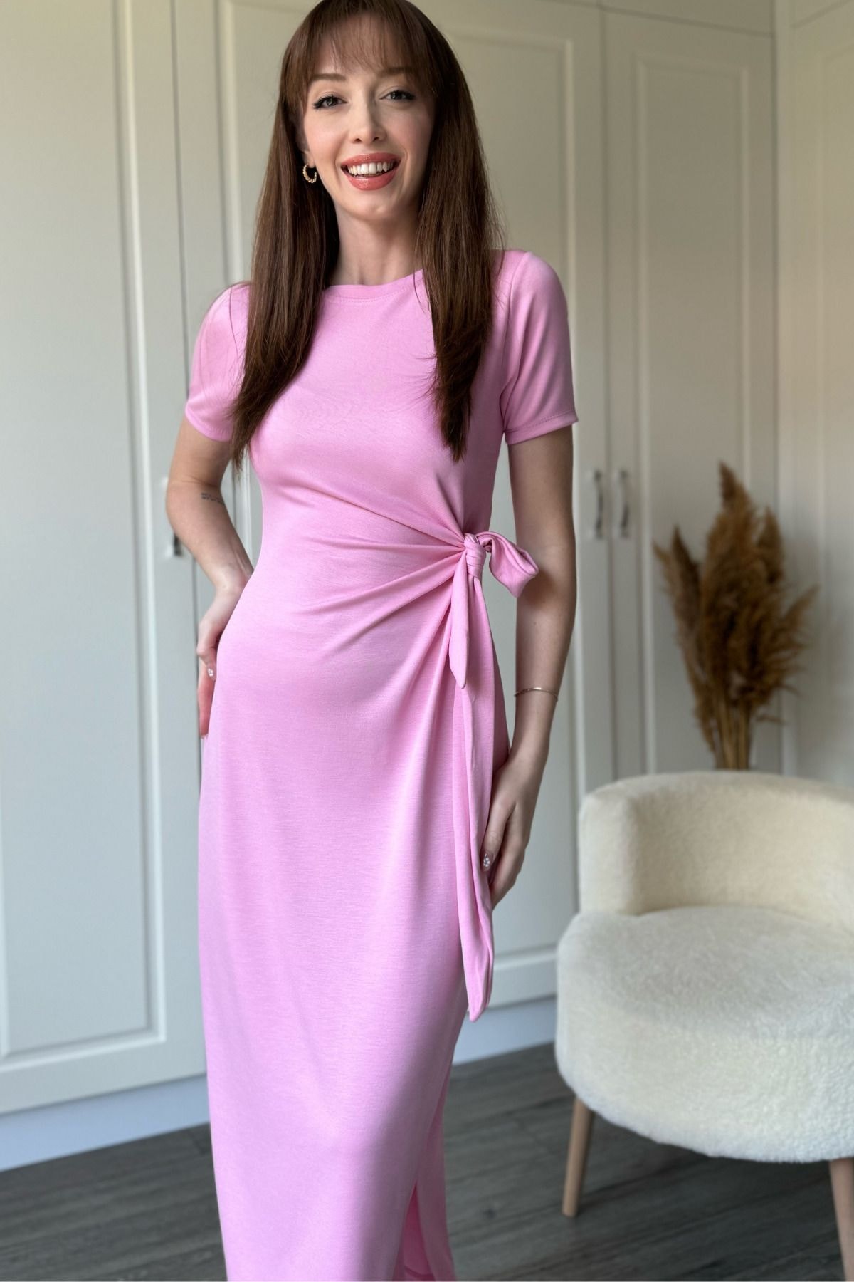 Bağlamalı Pembe Midi Modal Elbise