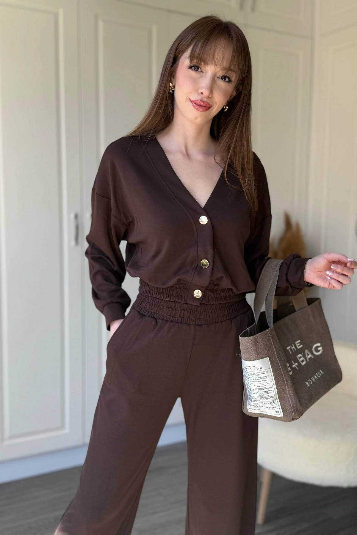 Modal Kumaş Gold Düğmeli Kahverengi Hırka Pantolon Takım