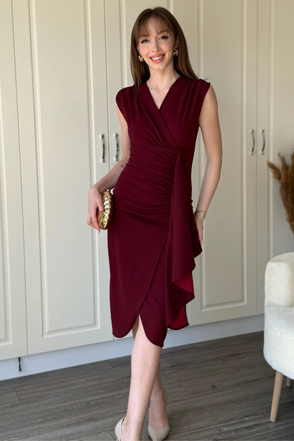 Fırfır Detaylı Kruvaze Yaka Midi Bordo Elbise