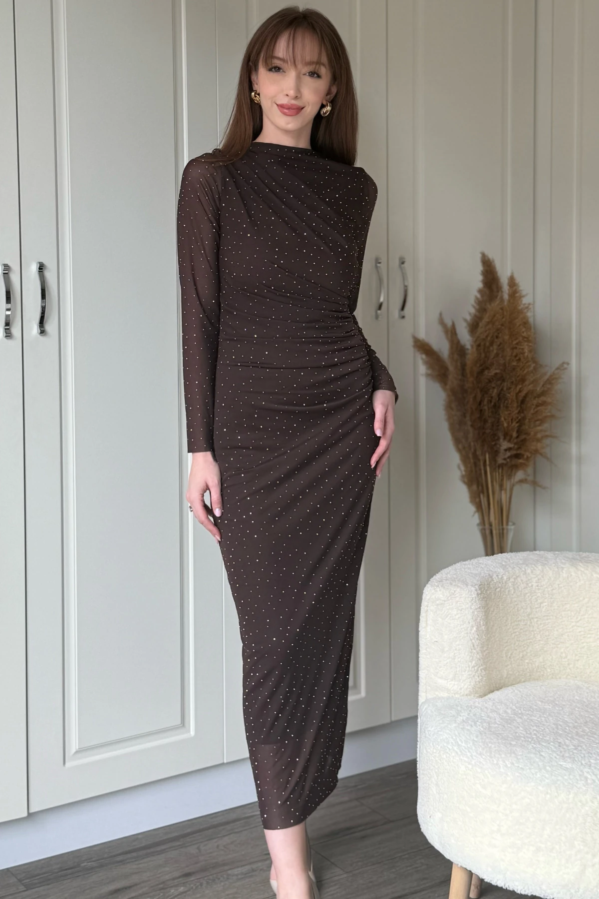 Drapeli Uzun Kol Taşlı Midi Tül Elbise