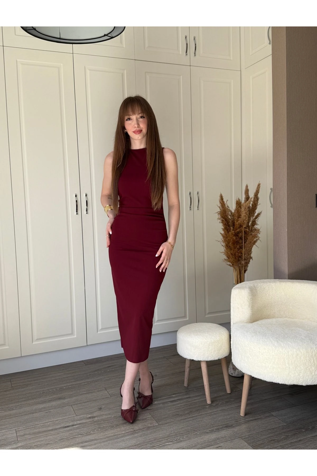 Drapeli Midi Askılı Sırt Detaylı Elbise