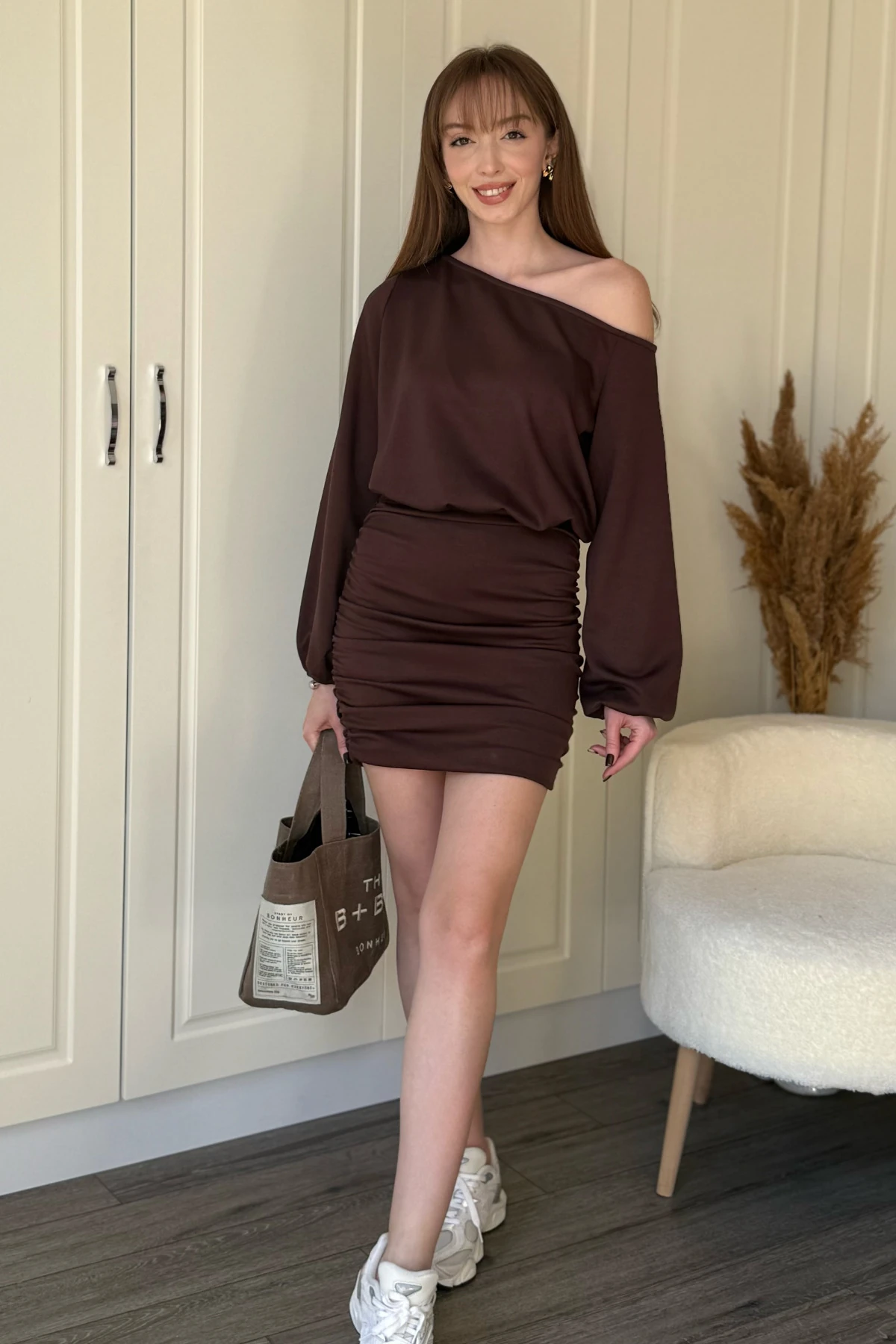 Kayık Yaka Modal Kumaş Cool Eteği Ayarlanabilir Mini Elbise