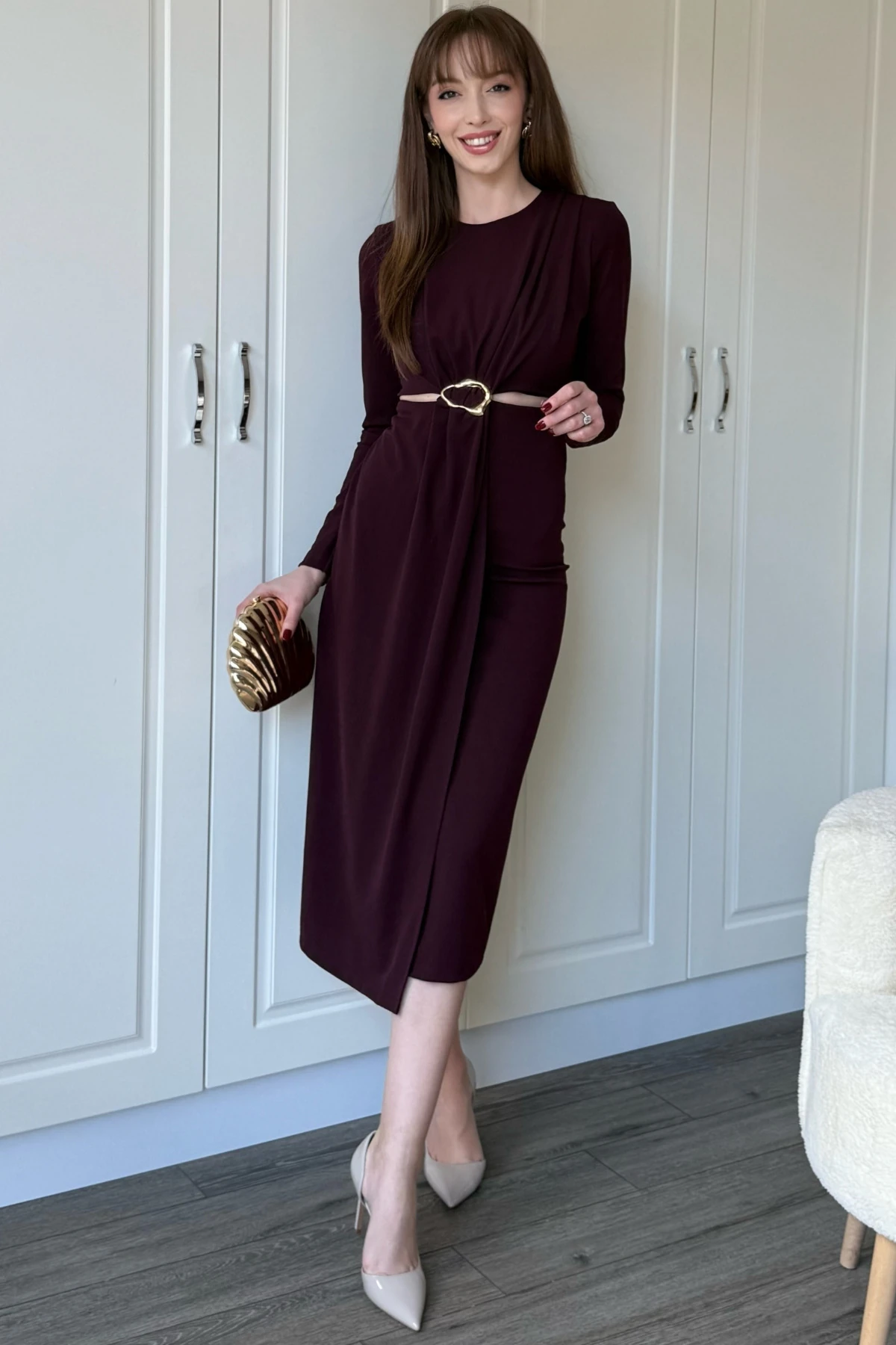 Bel Detaylı Uzun Kollu Midi Bordo Elbise