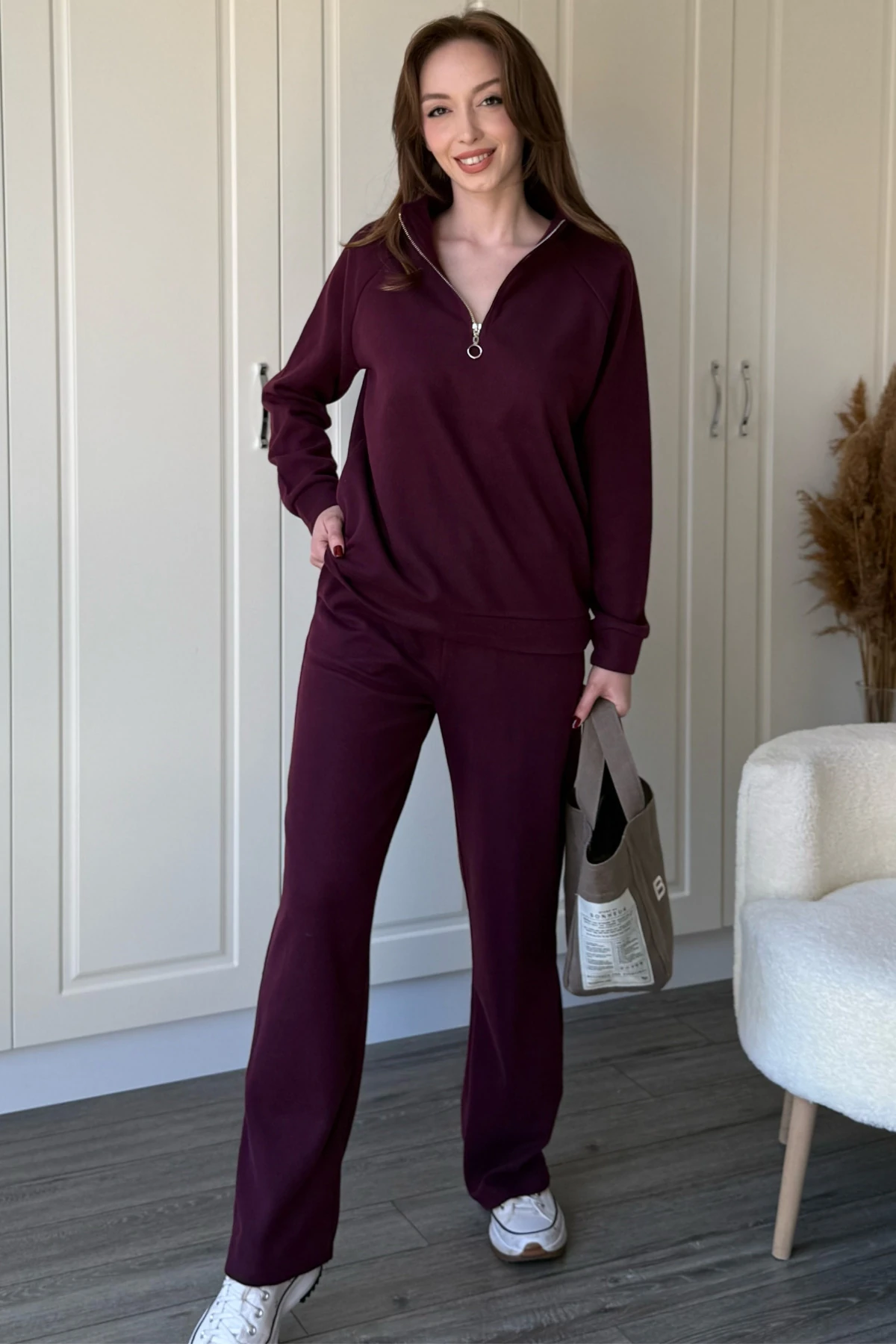 Fermuarlı Dik Yaka Selanik Kumaş Sweatshirt Takım