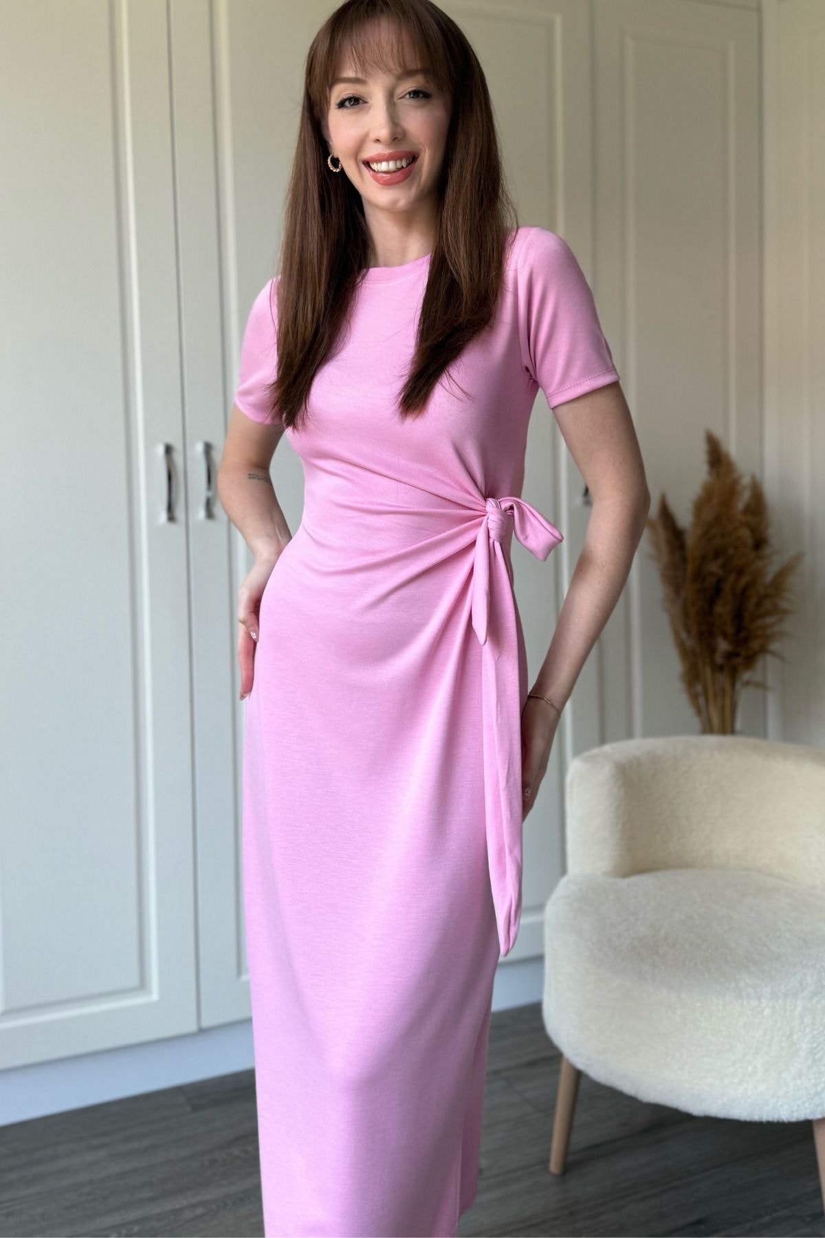 Bağlamalı Pembe Midi Modal Elbise
