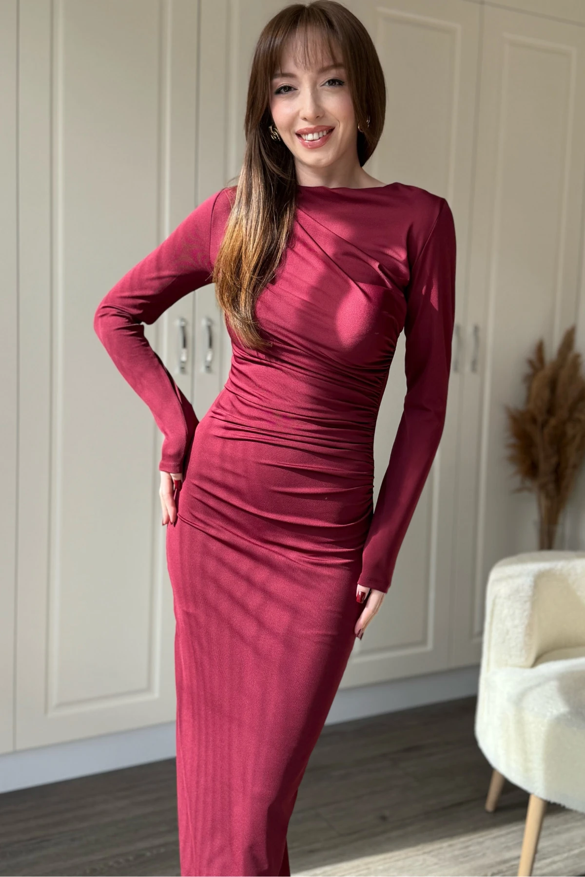 Zarif Drapeli Uzun Kollu Midi Bordo Elbise