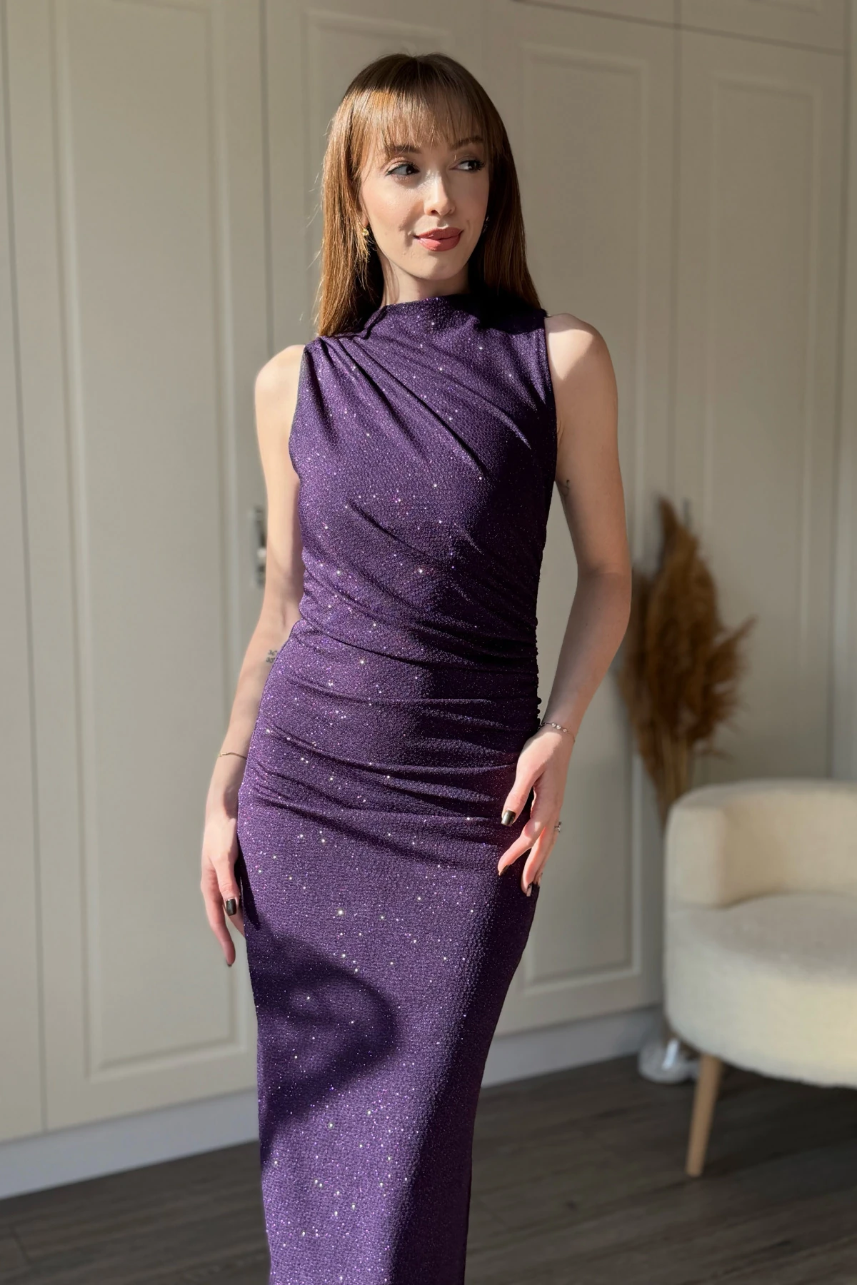 Simli Drapeli Kolsuz Şık ve Zarif Midi Elbise