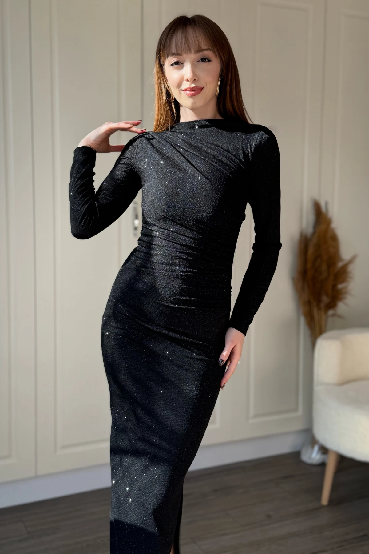 Simli Drapeli Uzun Kollu Zarif ve Şık Midi Elbise