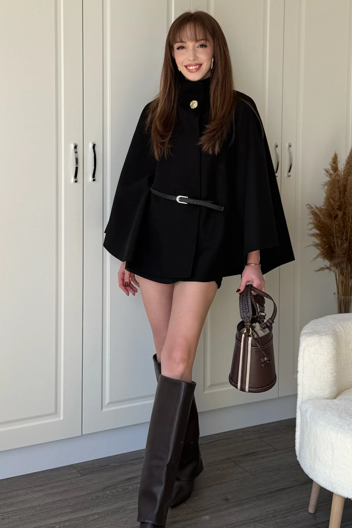 Kemeri Çıkarılabilir Gold Düğmeli Kaşe Panço