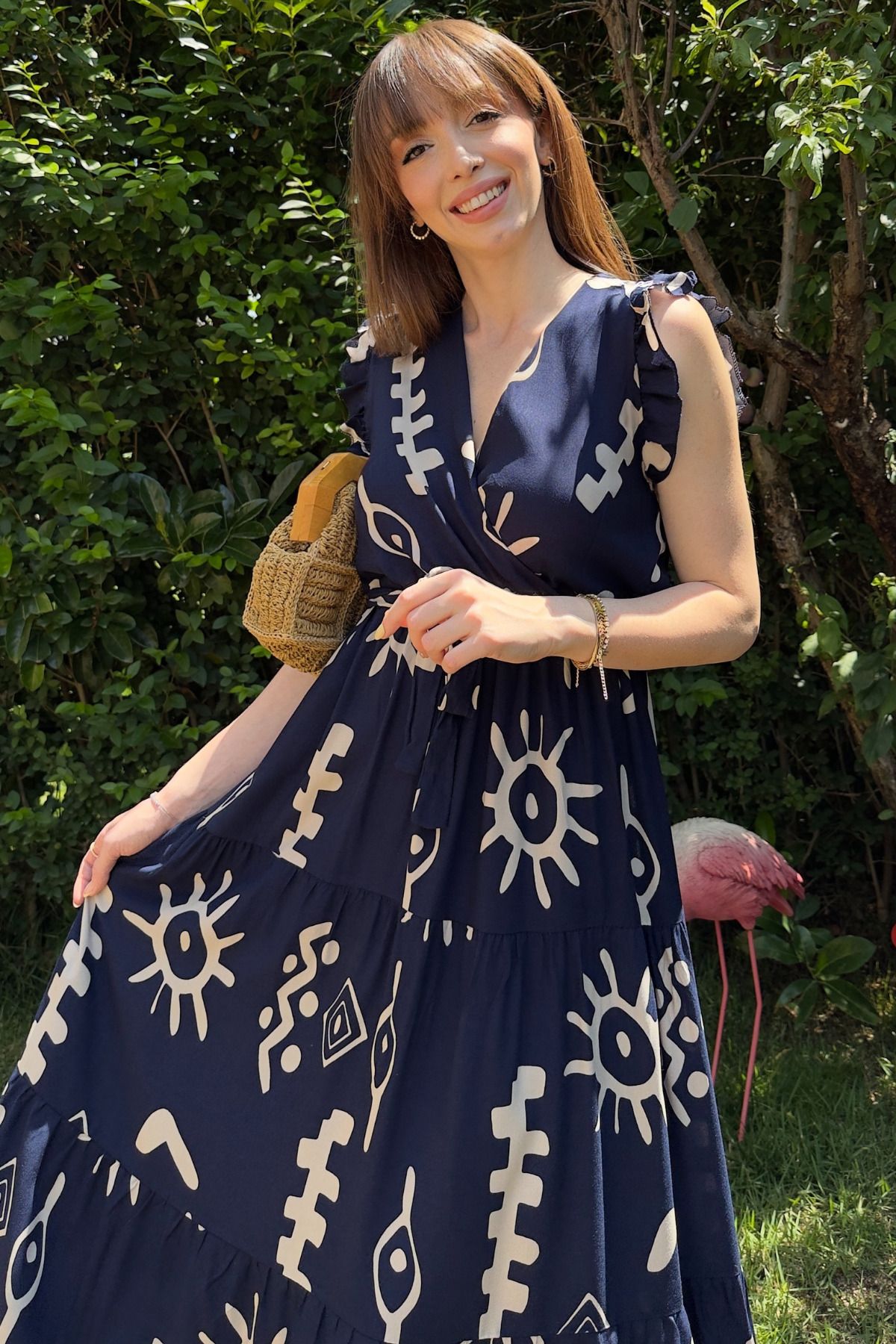 Kruvaze Desenli Midi Elbise