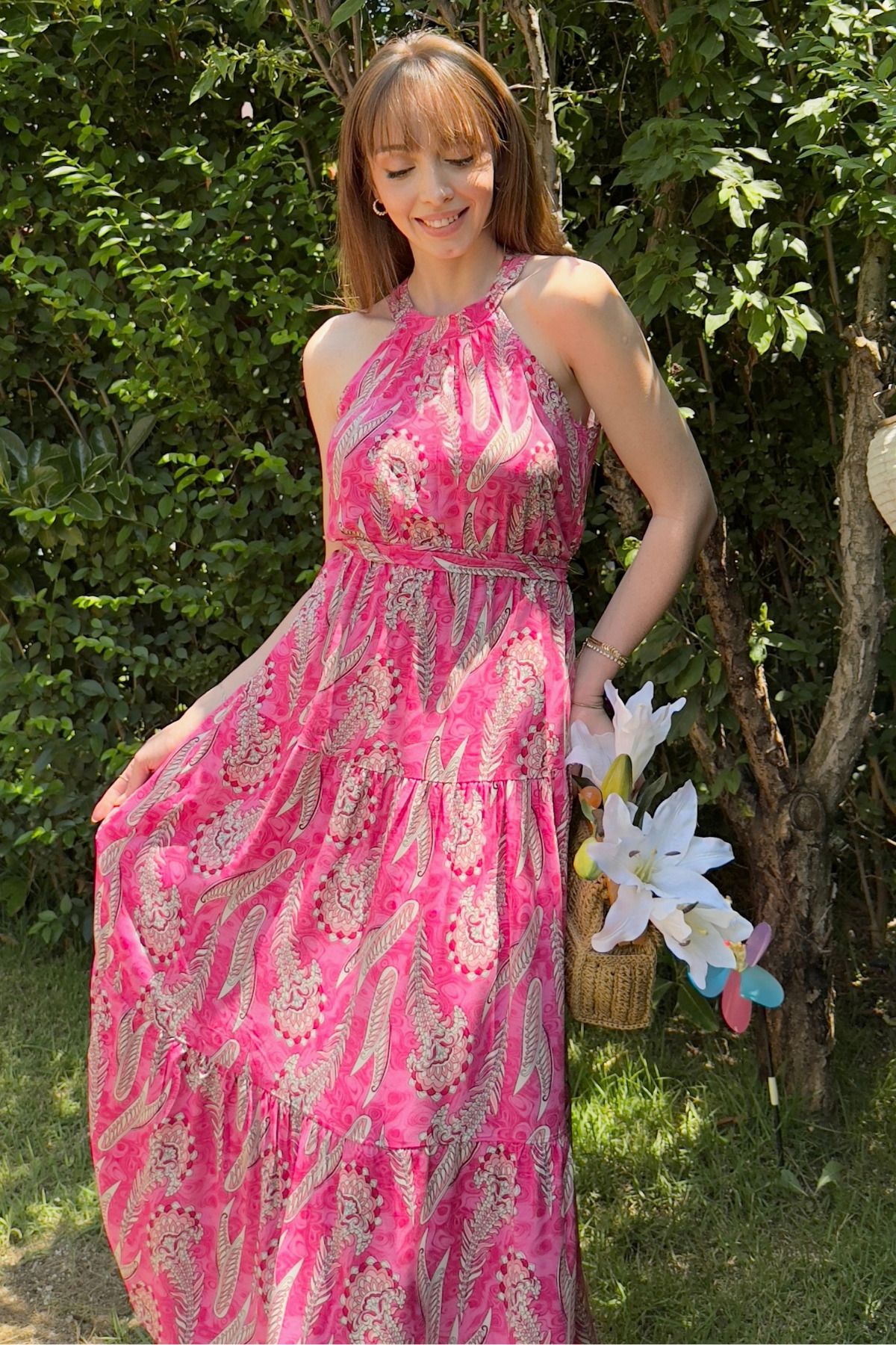 Halter Yaka Desenli Midi Elbise