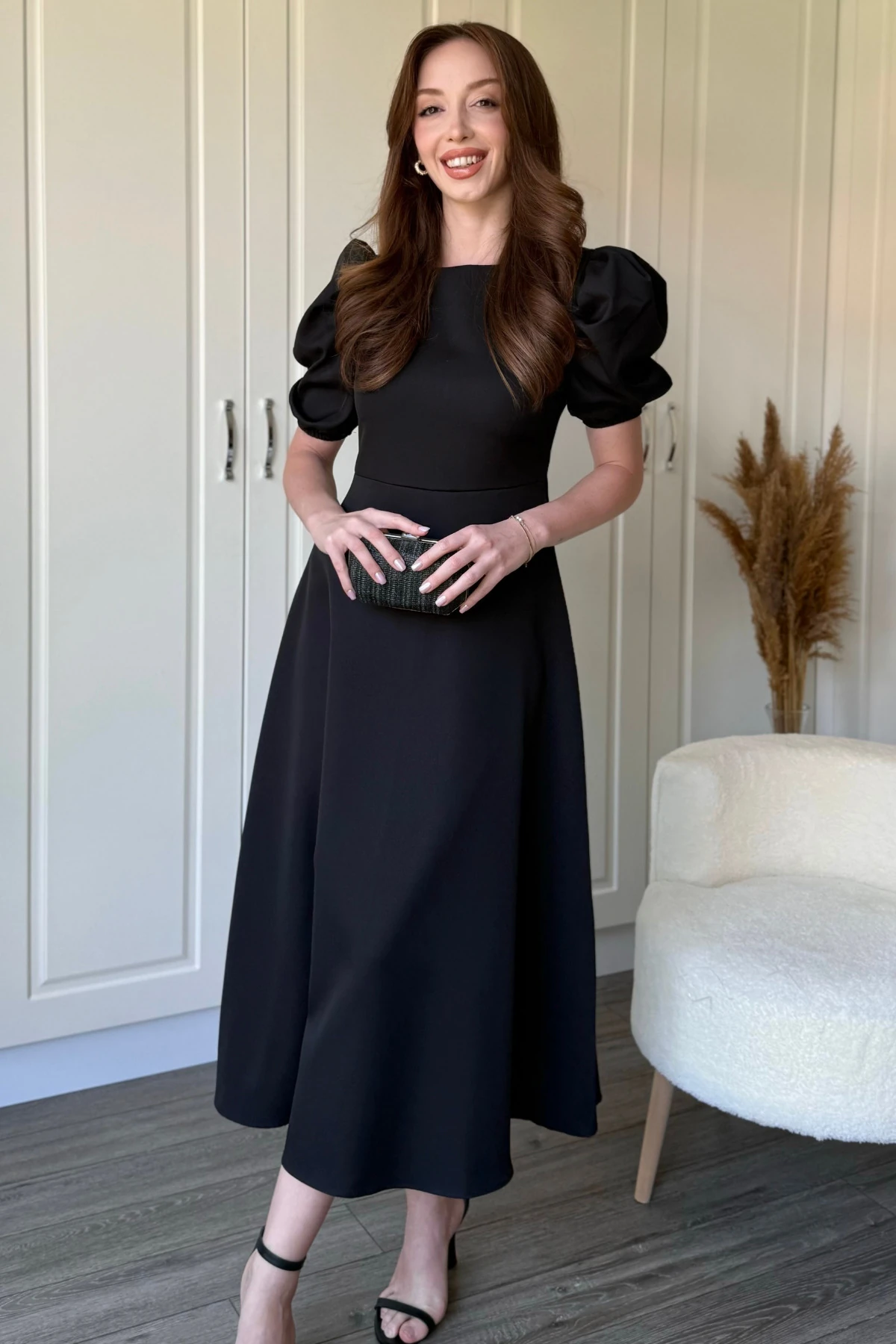 Balon Kol Midi Kırmızı Elbise