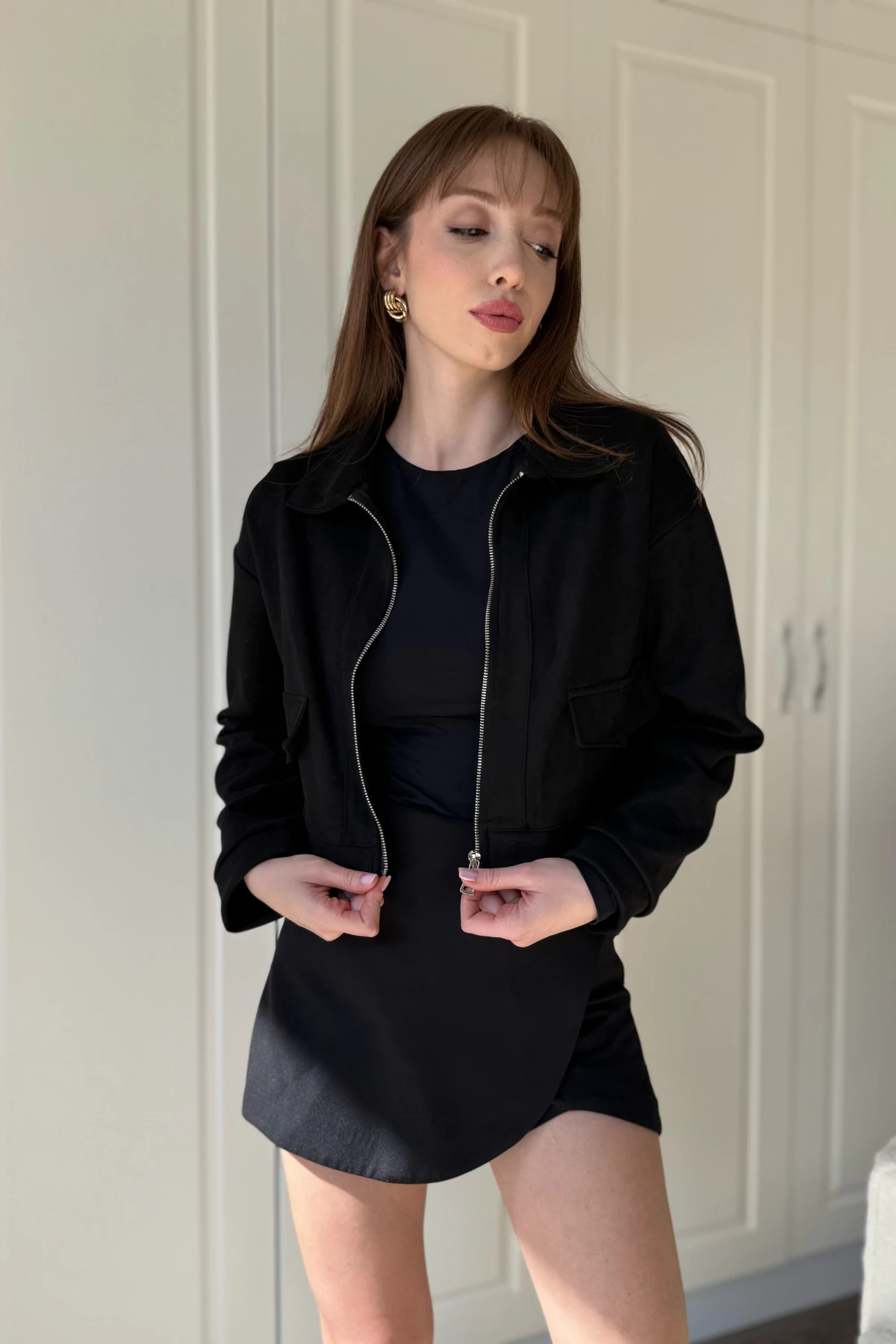 Süet Crop Fermuarlı Ceket