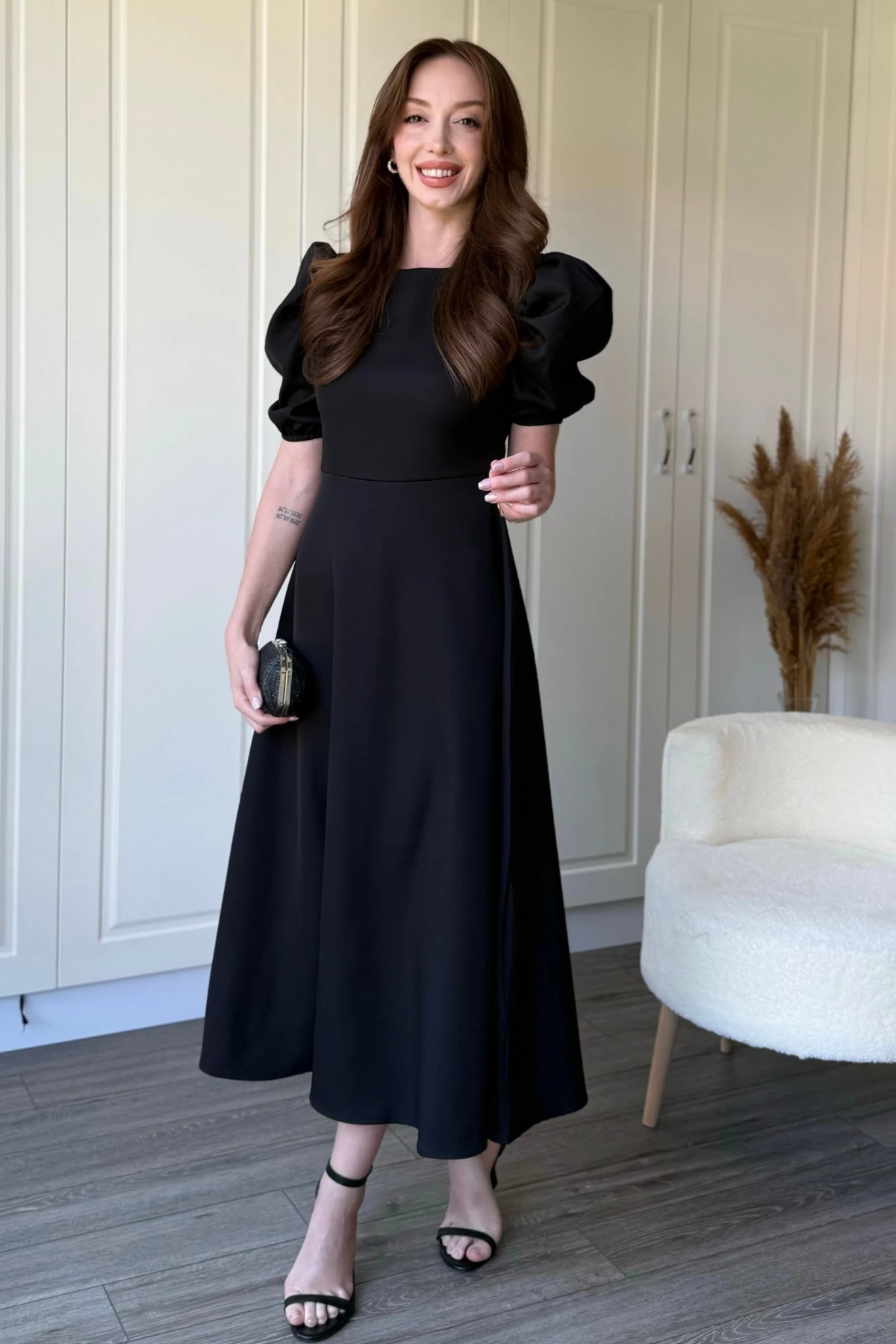 Balon Kol Midi Kırmızı Elbise