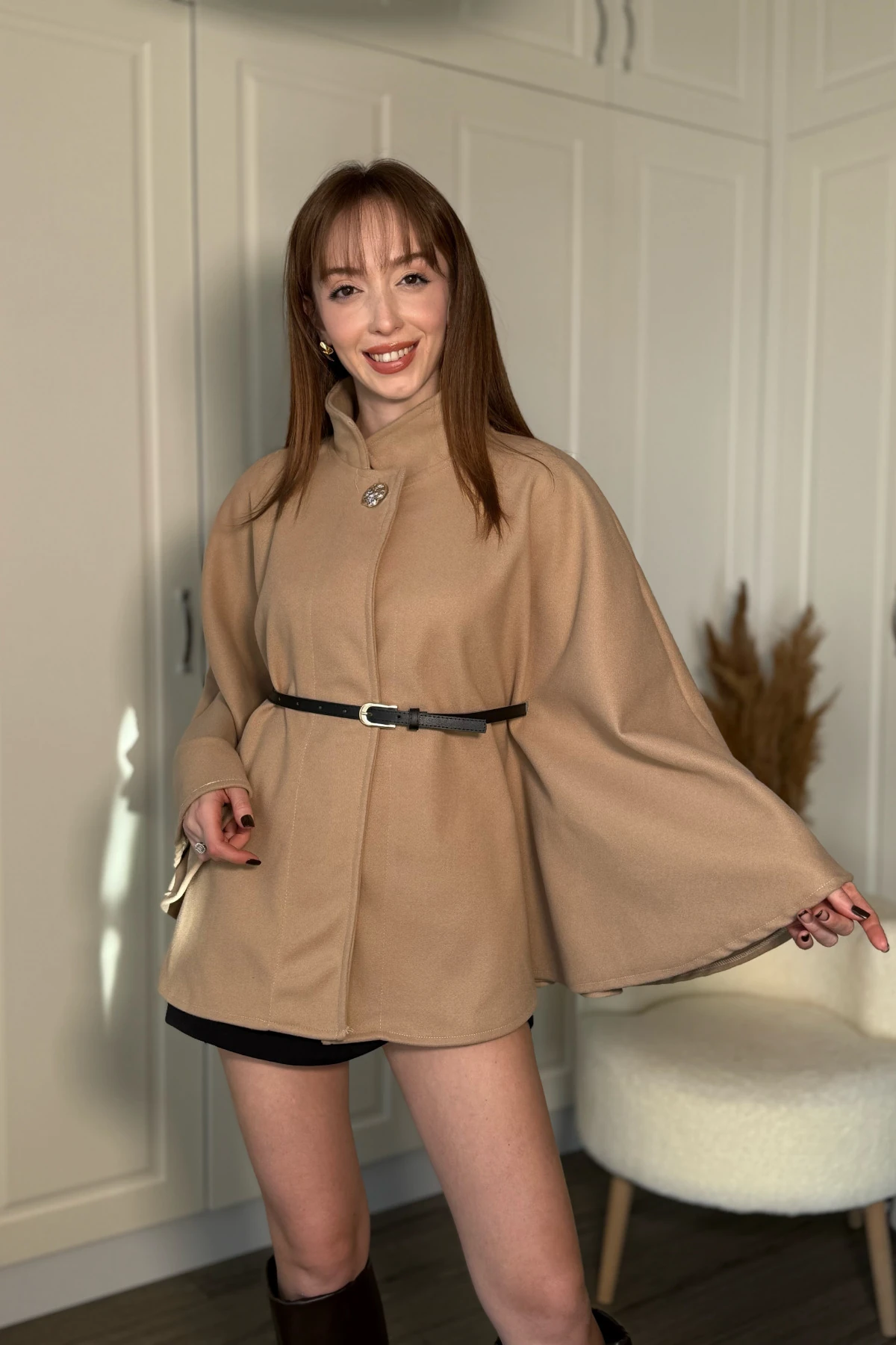 Gold Düğmeli Önü Biyeli Kemeri Çıkarılabilir Camel Panço