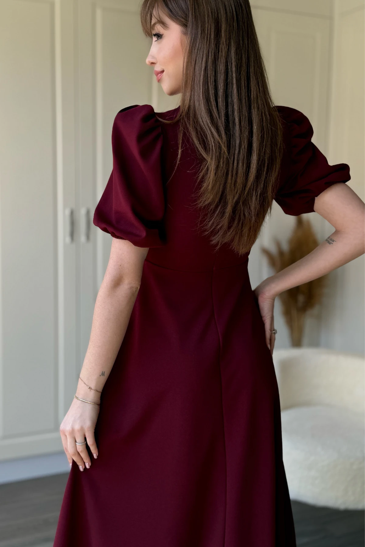 Balon Kol Kurdele Aksesuarı Çıkarılabilir Midi Bordo Elbise