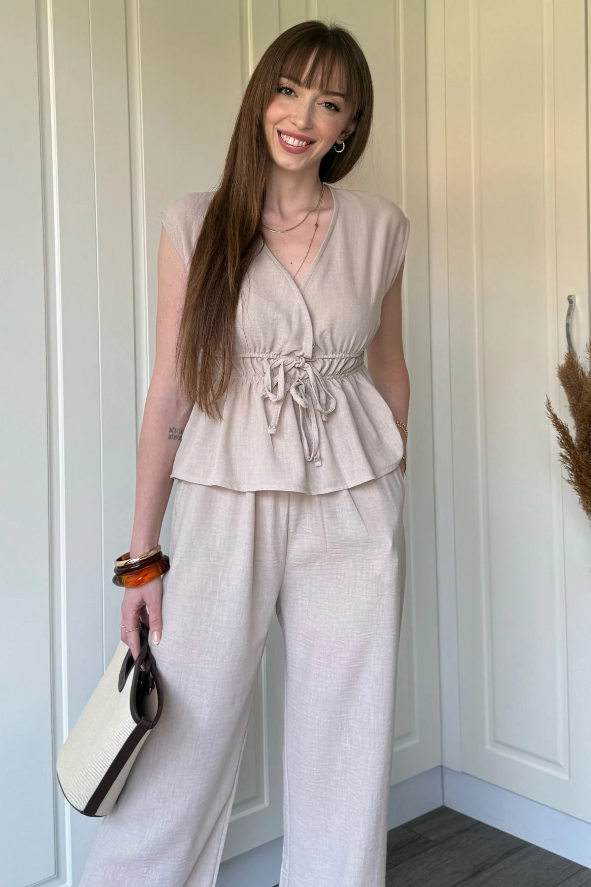 Bağlama Detaylı Keten Takım