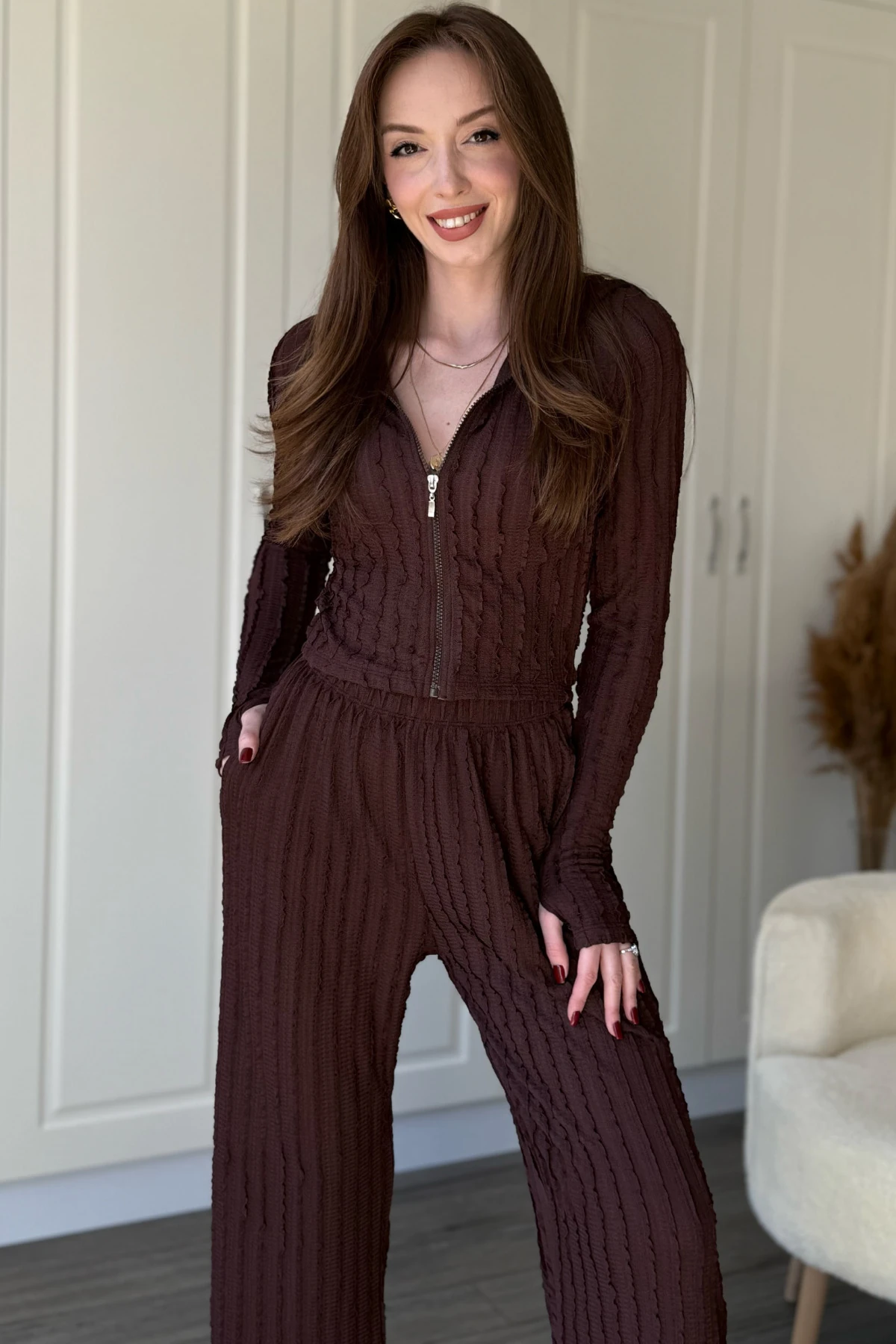 Fırfırlı Kapüşonlu Fermuarlı Crop Hırka Takım