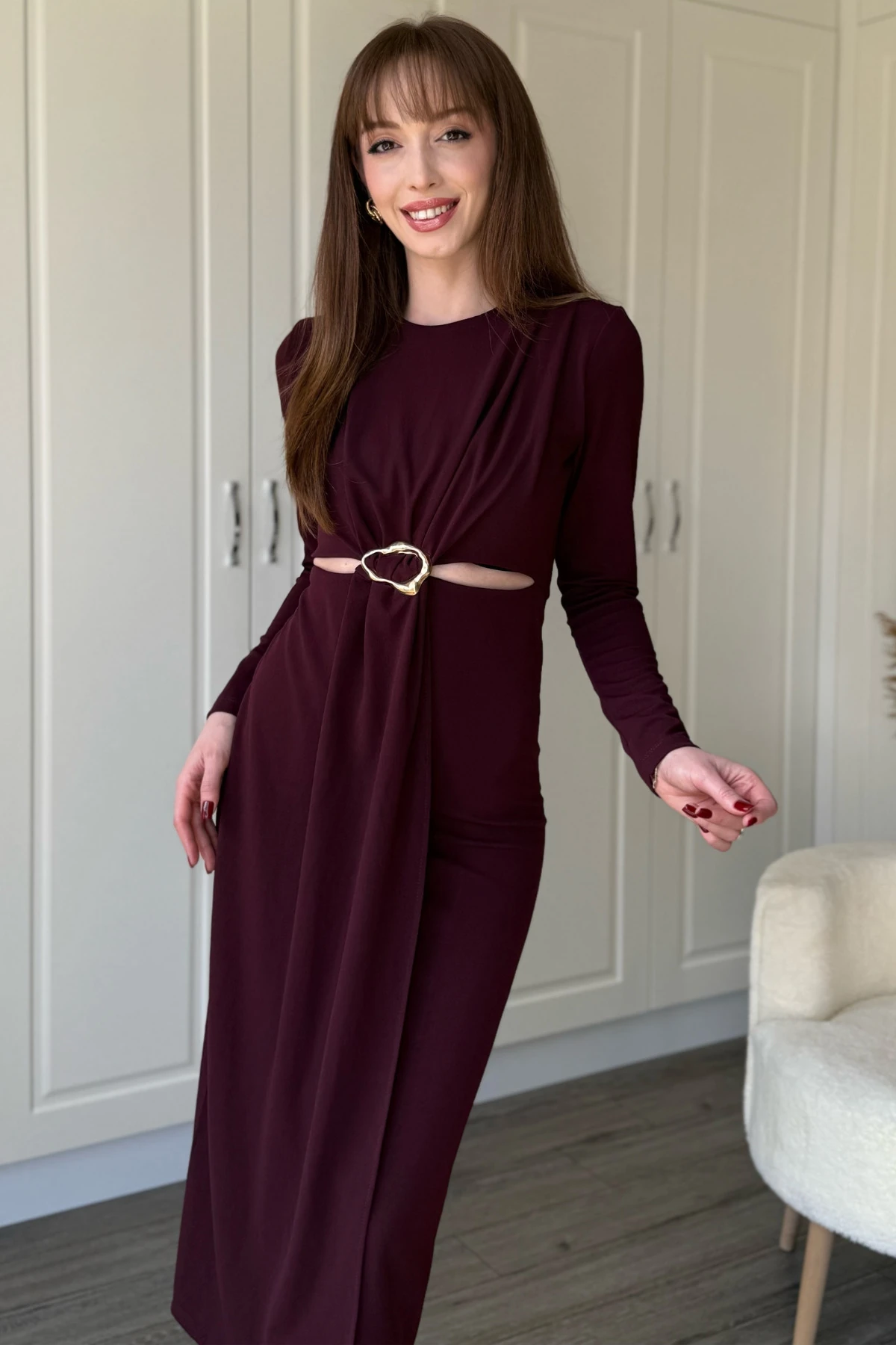Bel Detaylı Uzun Kollu Midi Bordo Elbise