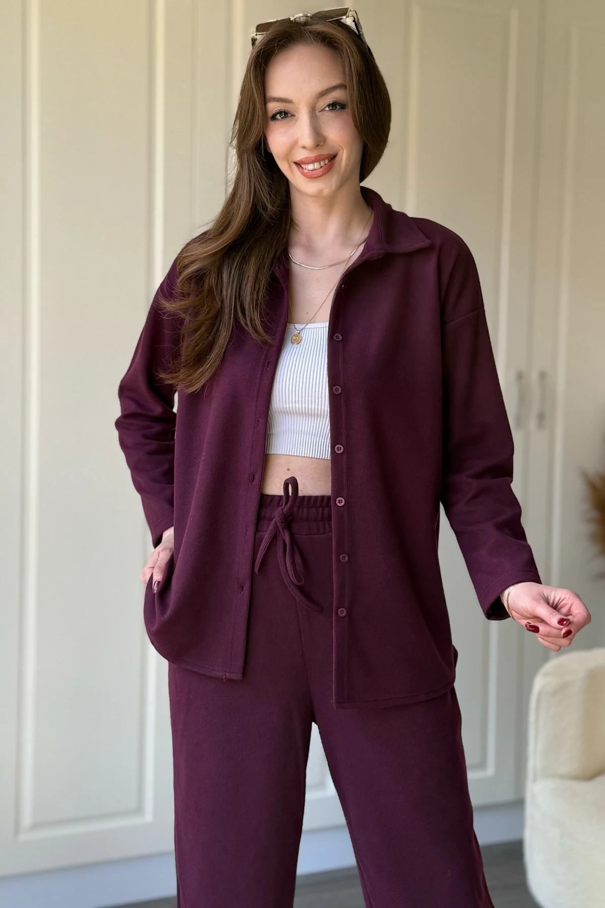 Düğmeli Uzun Kollu Selanik Kumaş Bordo Gömlek Takım