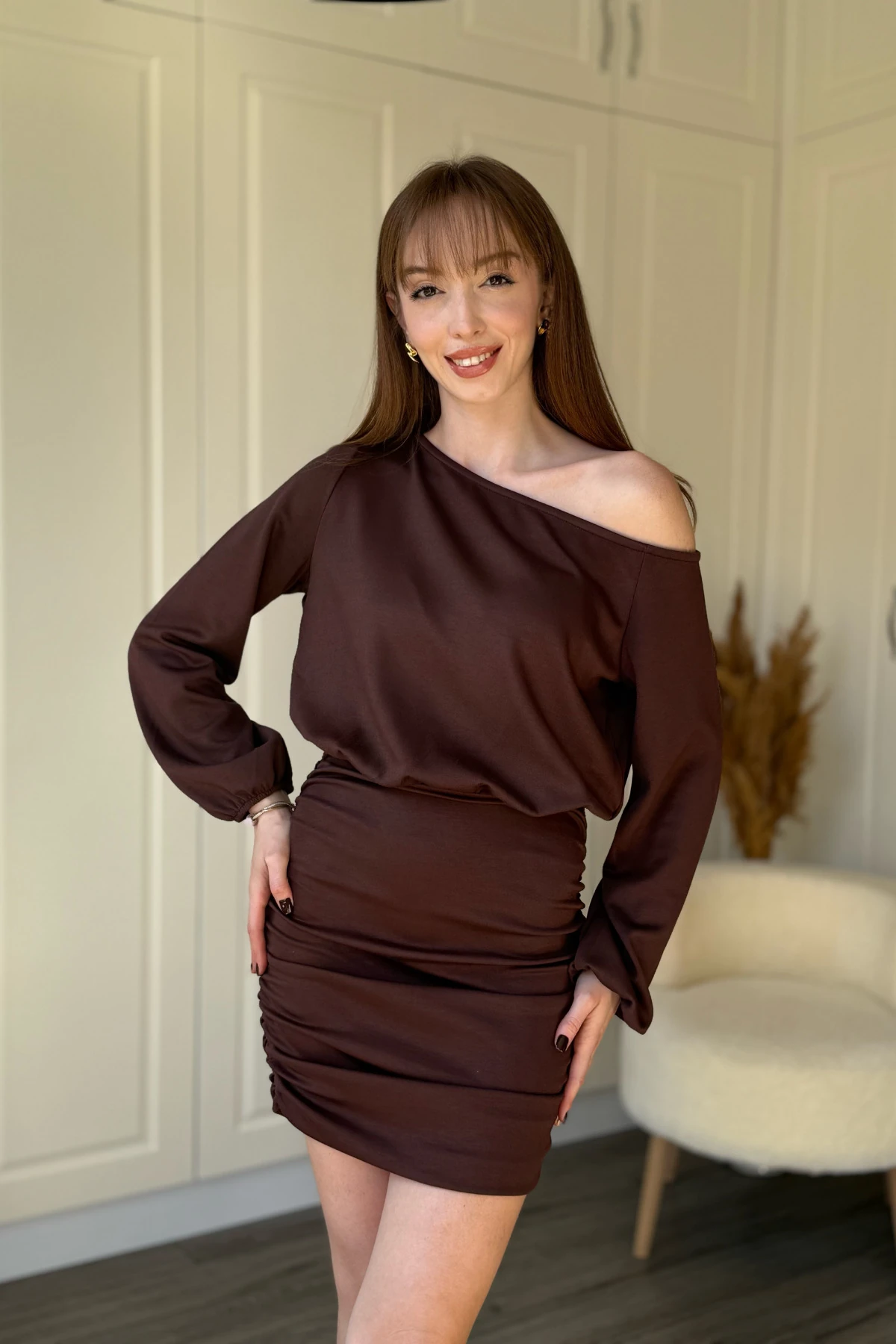 Kayık Yaka Modal Kumaş Cool Eteği Ayarlanabilir Mini Elbise