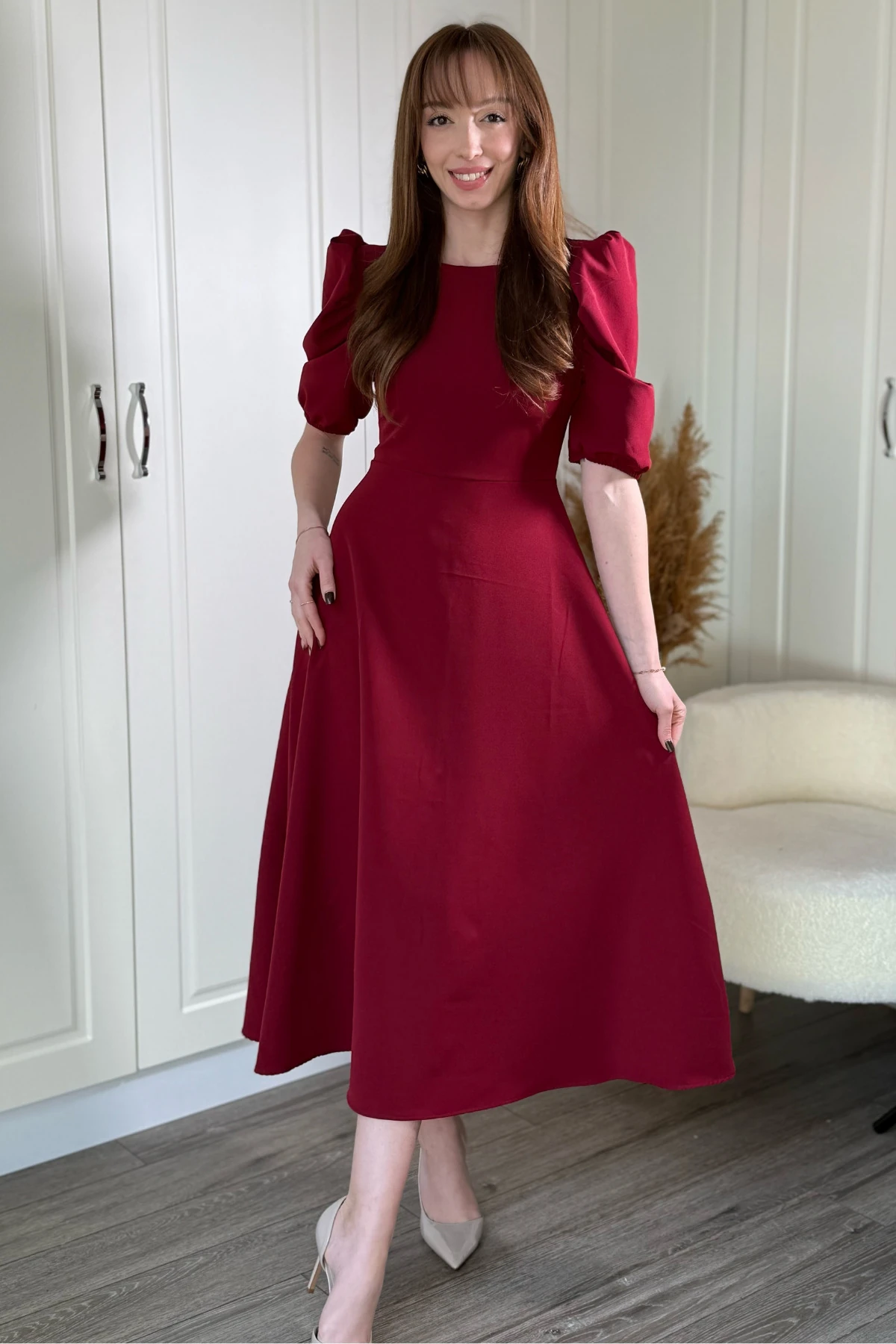 Balon Kol Midi Bordo Elbise