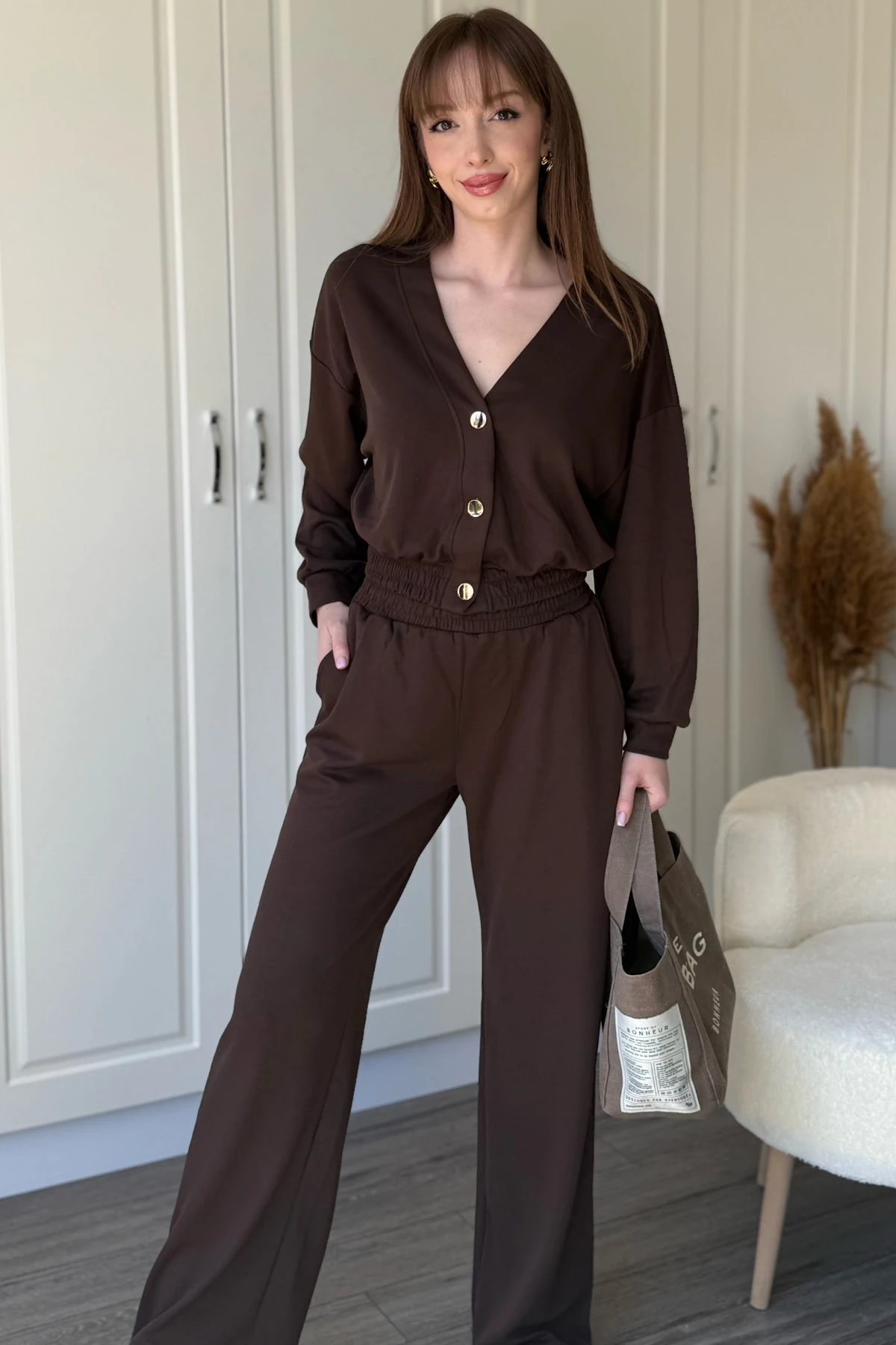 Modal Kumaş Gold Düğmeli Kahverengi Hırka Pantolon Takım