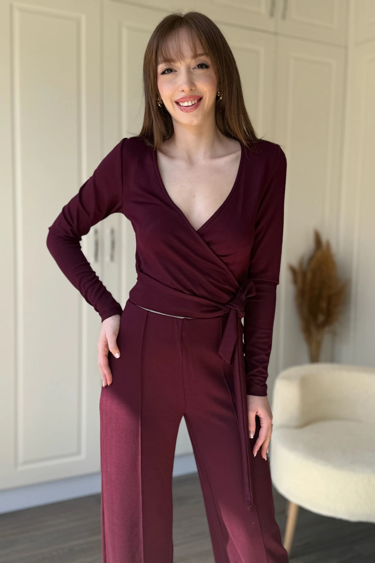 Modal Kumaş Bel Bağlamalı Alt Üst Bordo Takım