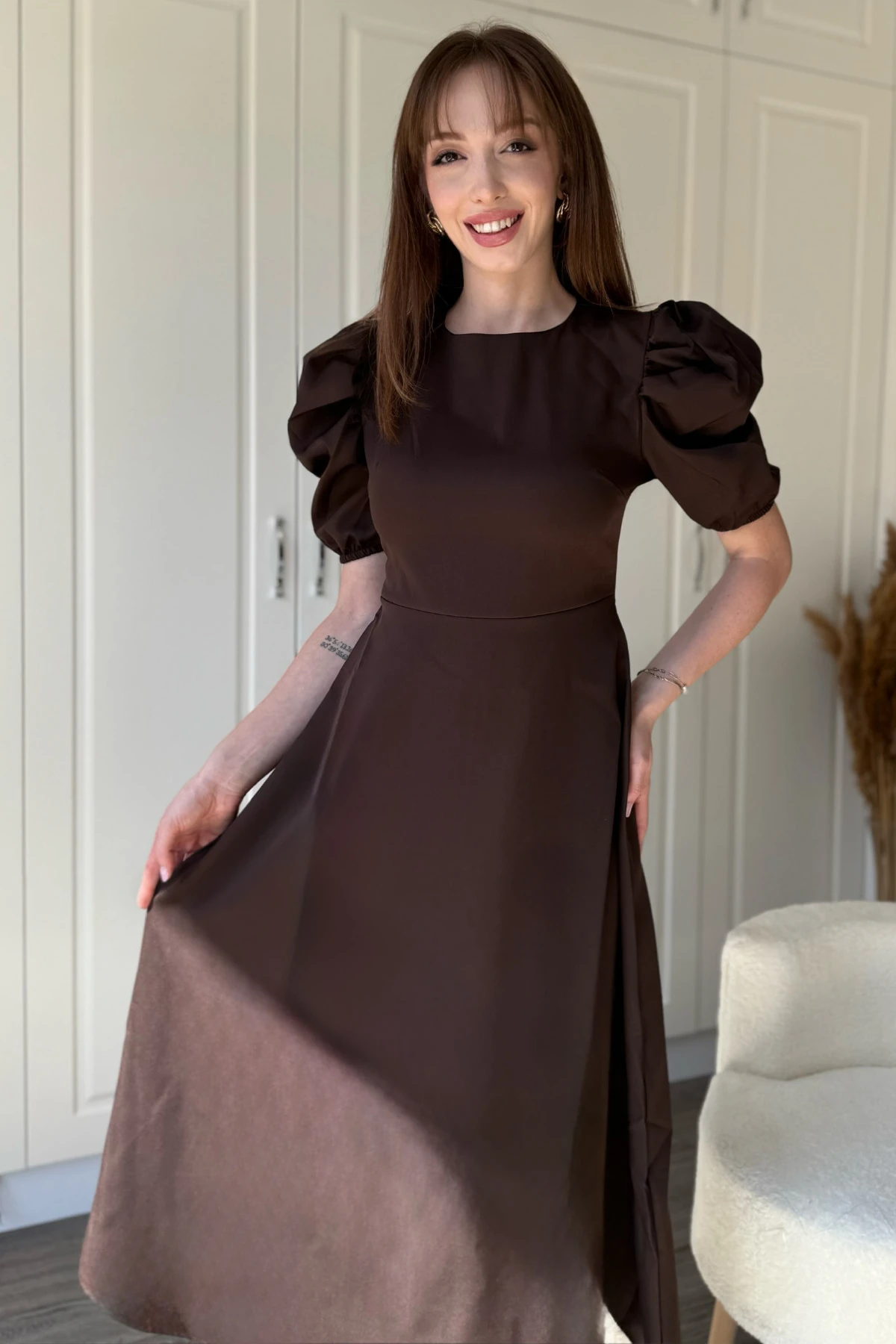 Balon Kol Midi Kahverengi Midi Elbise