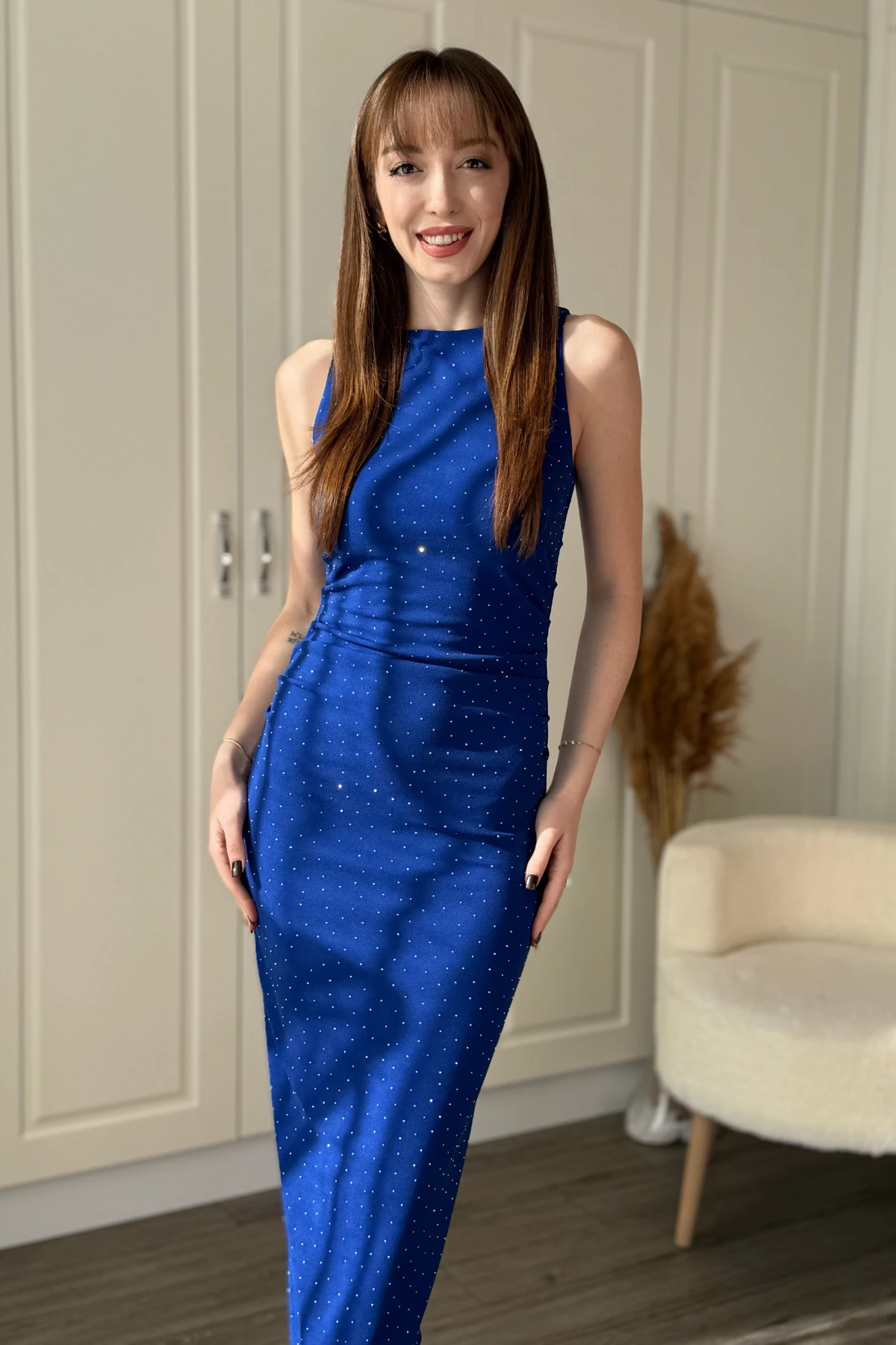 Drapeli Taşlı Midi Elbise