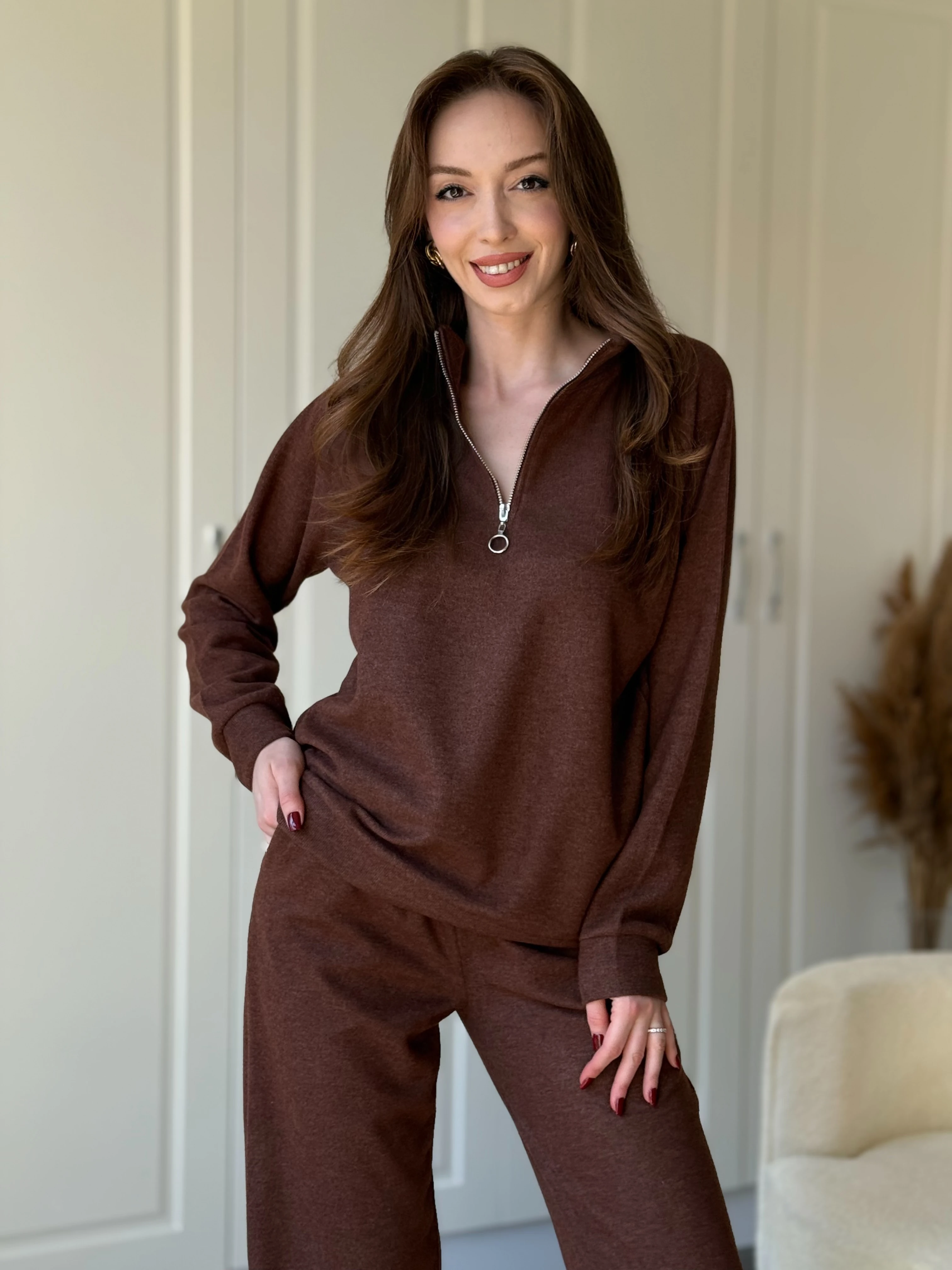 Fermuarlı Dik Yaka Selanik Kumaş Sweatshirt Takım