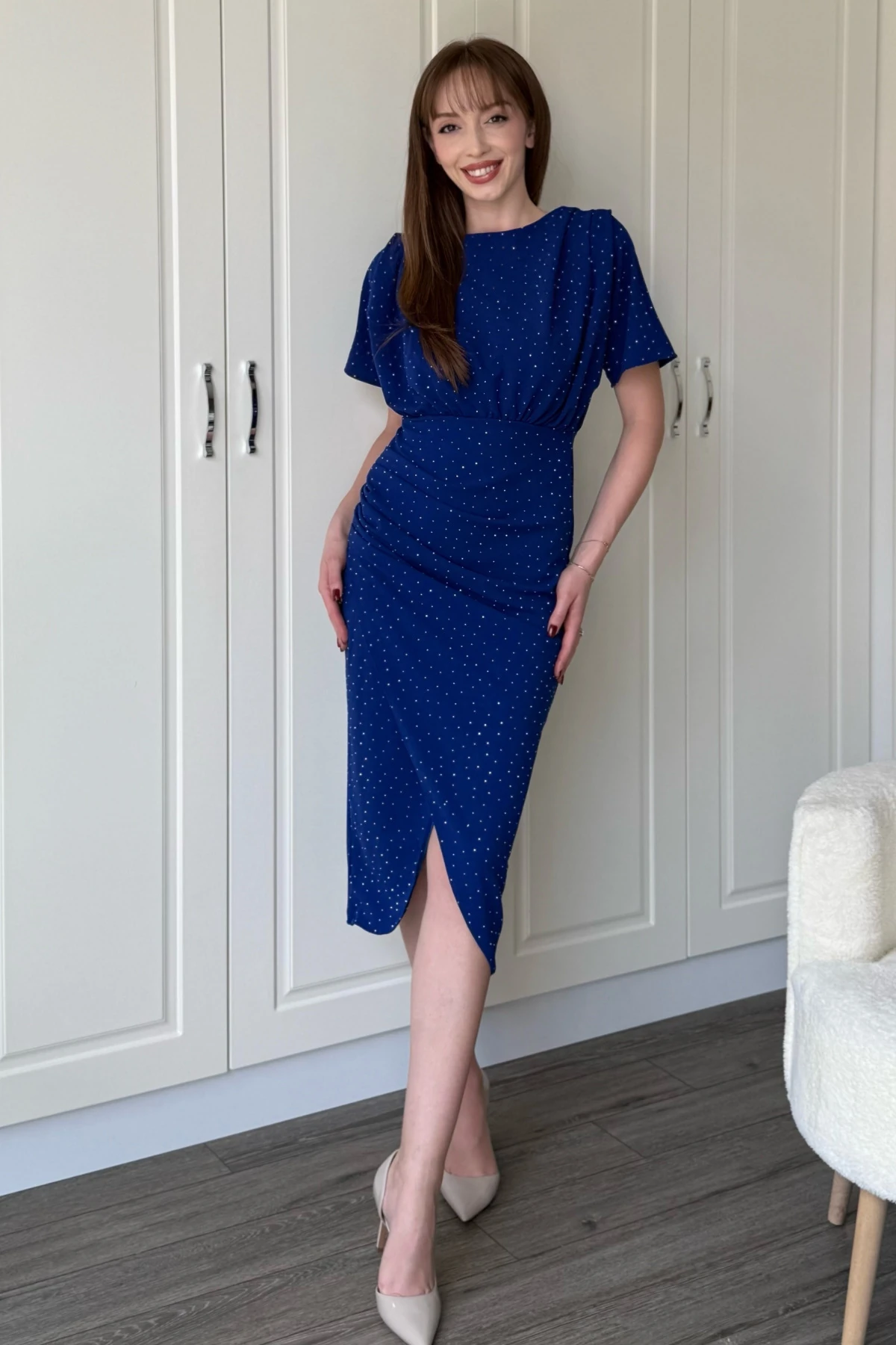 Kısa Kollu Drapeli Taşlı Midi Mavi Elbise