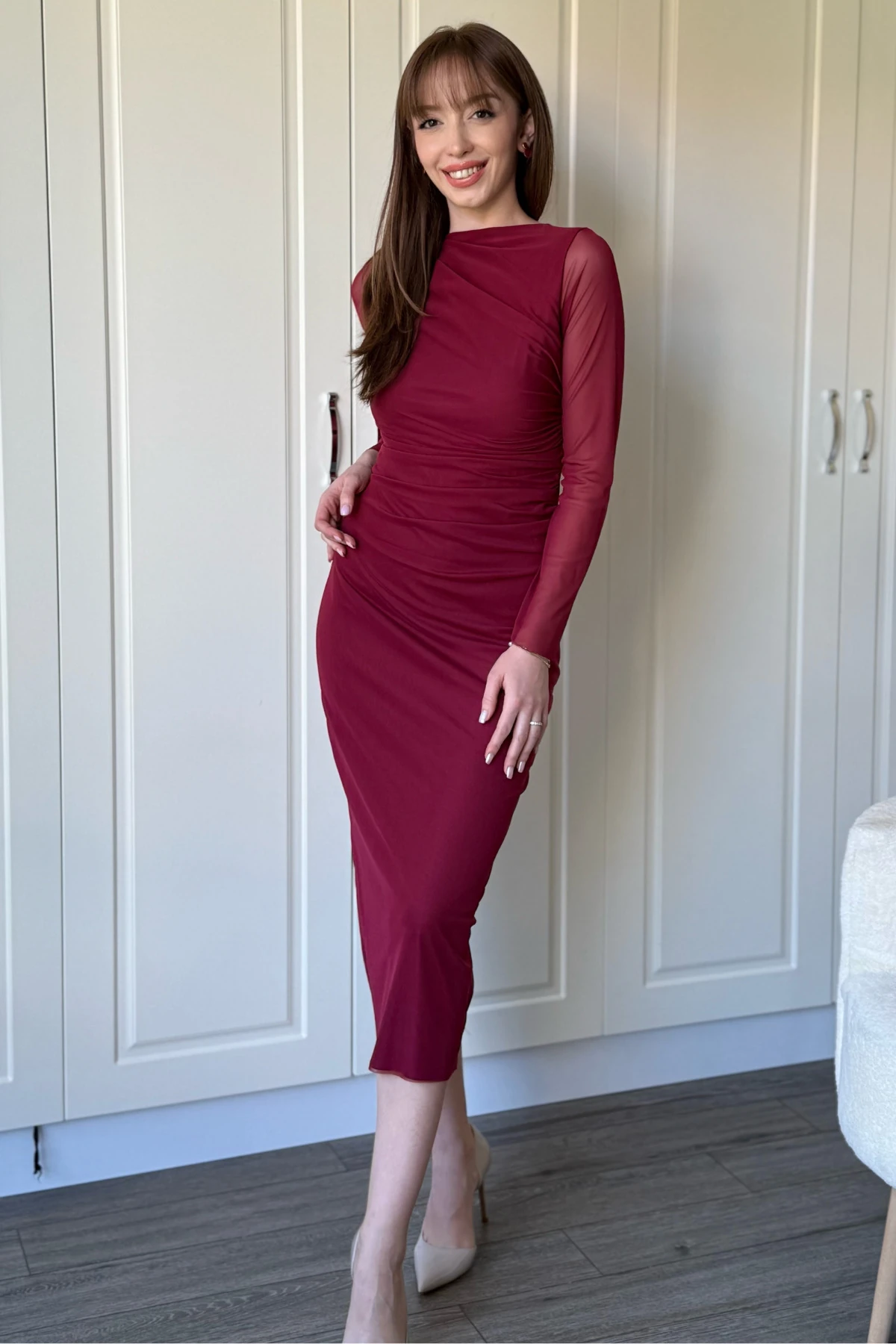 Drapeli Uzun Kollu Bordo Tül Elbise