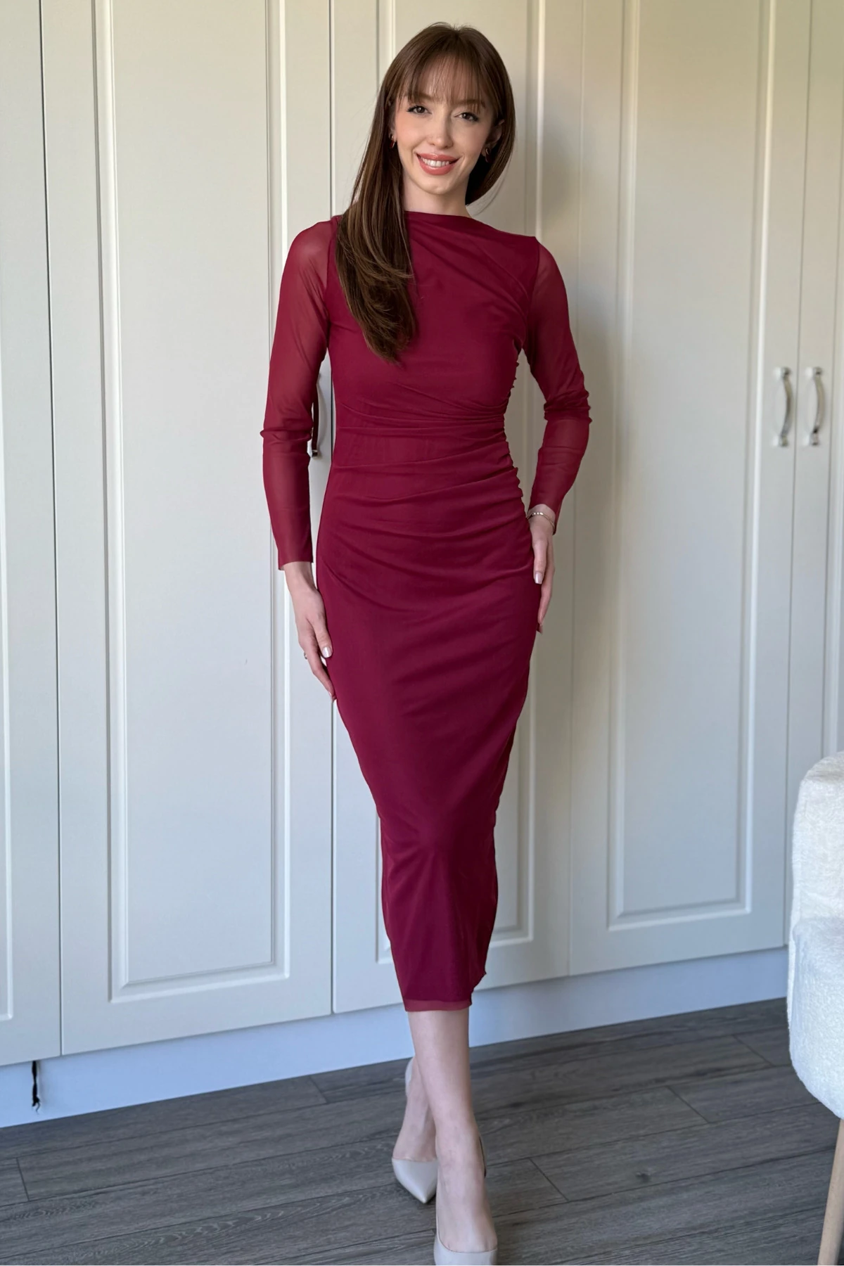 Drapeli Uzun Kollu Bordo Tül Elbise