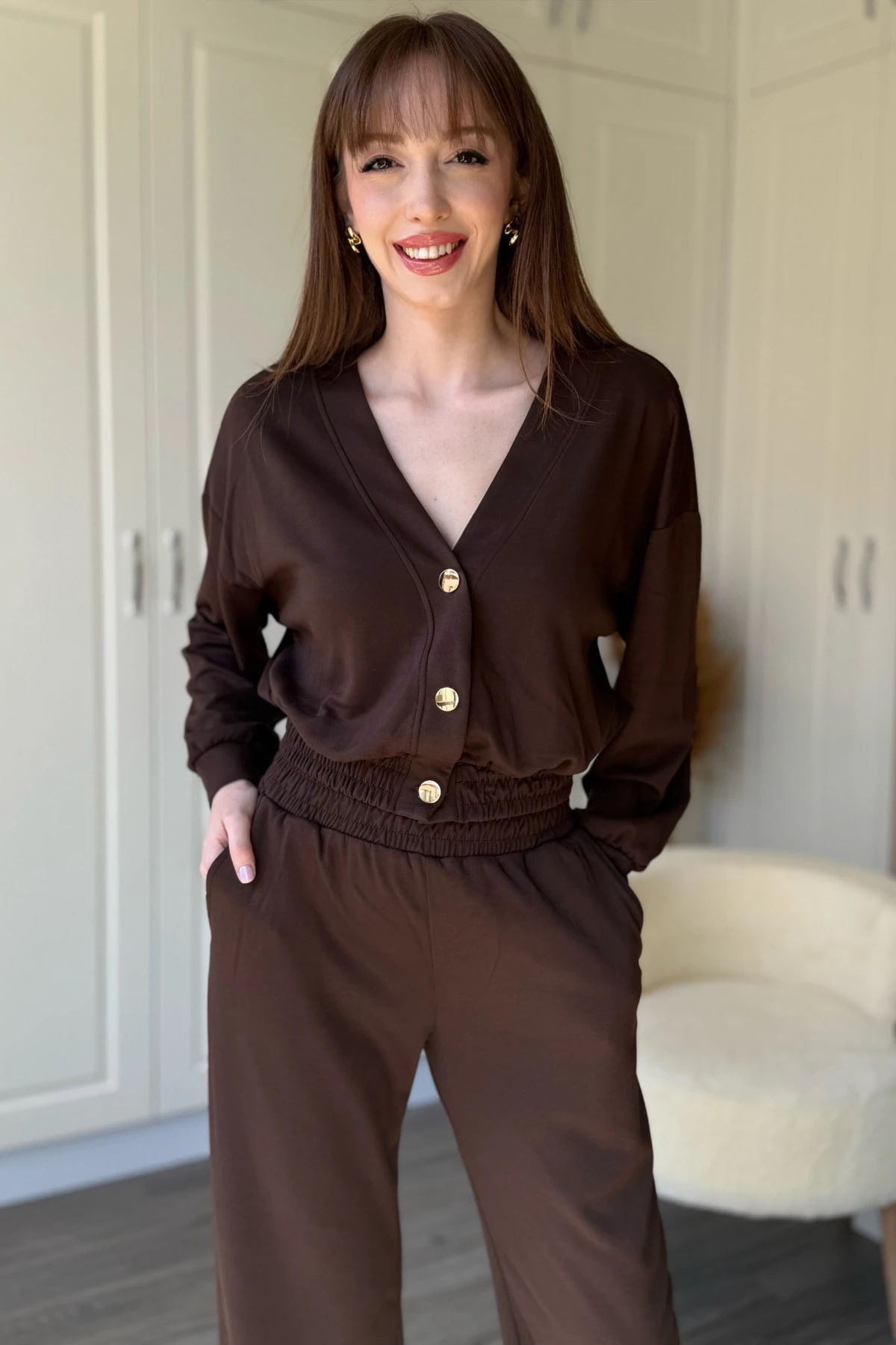 Modal Kumaş Gold Düğmeli Kahverengi Hırka Pantolon Takım