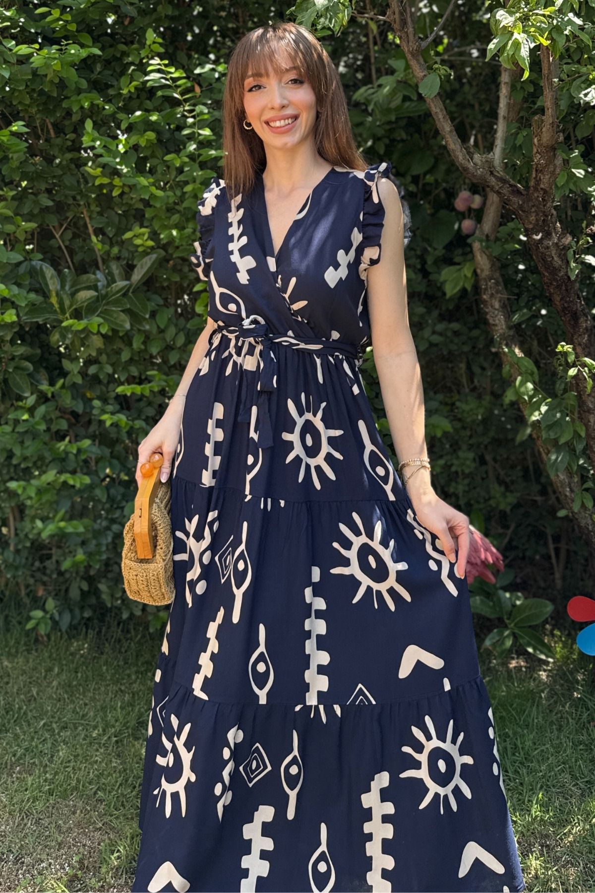 Kruvaze Desenli Midi Elbise